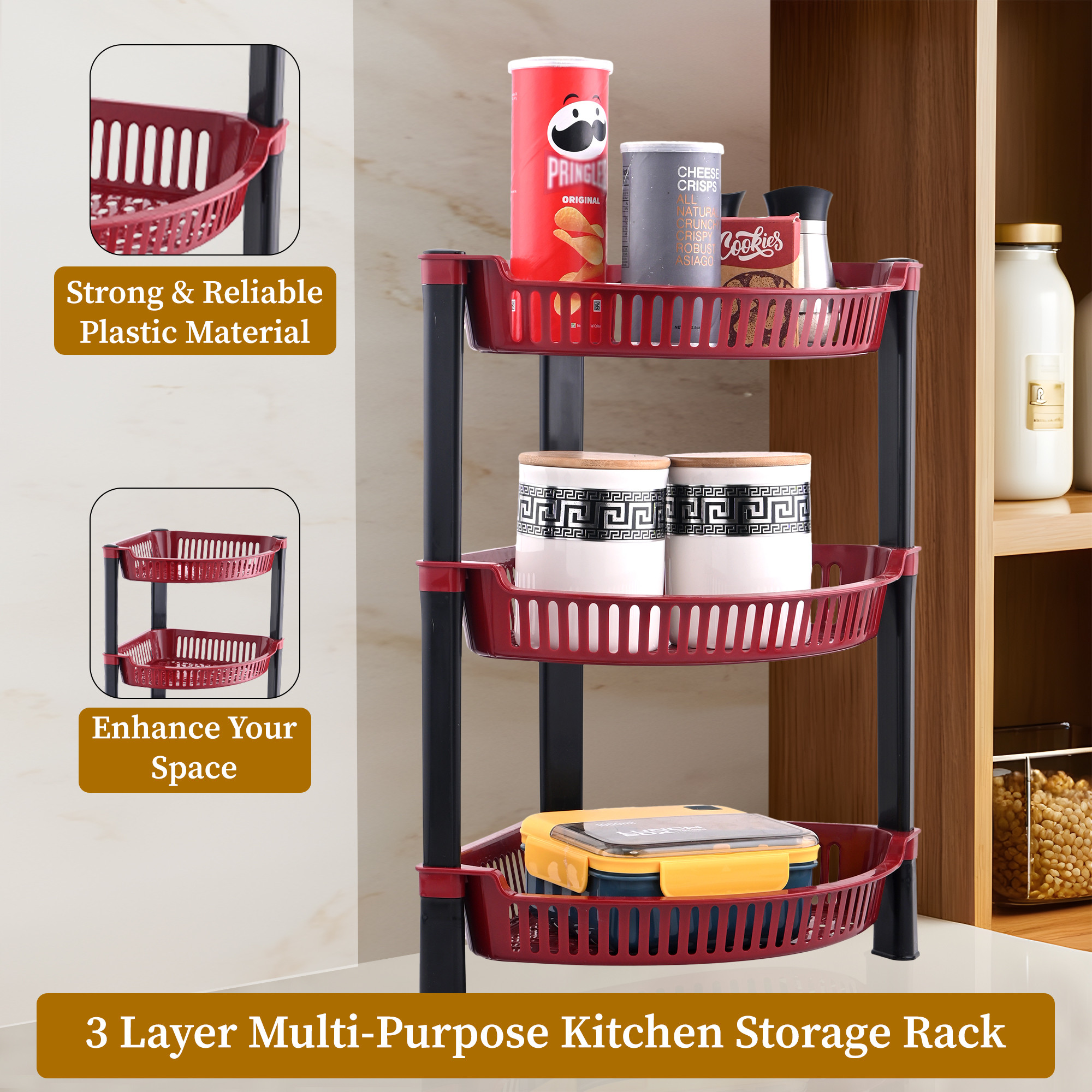 Kuber Industries 3 Tier Folding Plastic Fruit  Vegetable Basket Stand  Onion Potato Rack for Kitchen Storage Corner  Modern Organizer Aalu Pyaj Storage Basket Shelf Stand  Brown