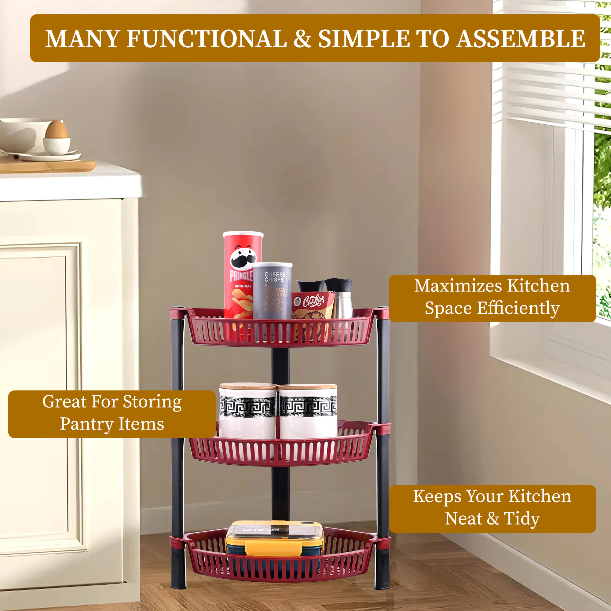 Kuber Industries 3 Tier Folding Plastic Fruit  Vegetable Basket Stand  Onion Potato Rack for Kitchen Storage Corner  Modern Organizer Aalu Pyaj Storage Basket Shelf Stand  Brown