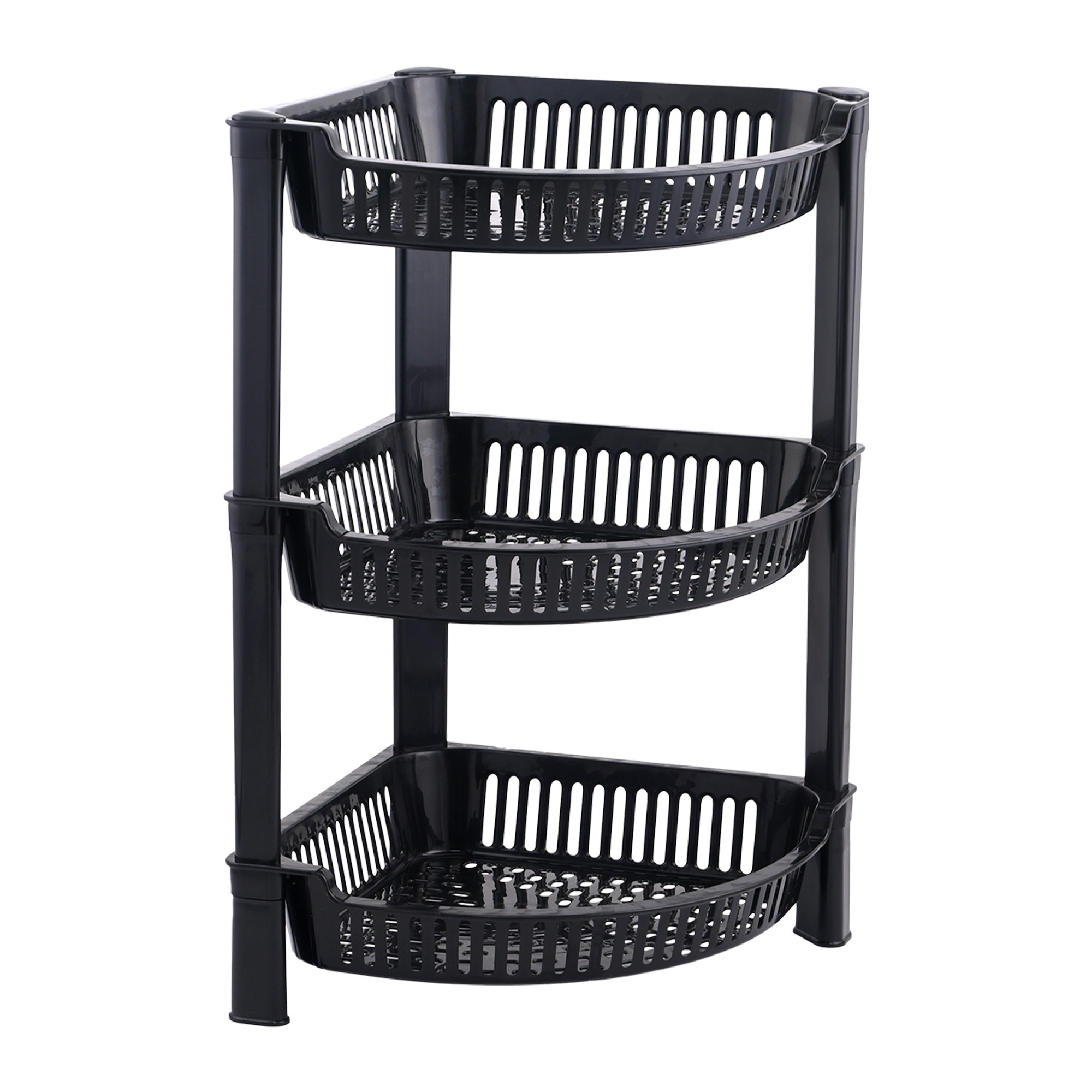 Kuber Industries 3 Tier Folding Plastic Fruit  Vegetable Basket Stand  Onion Potato Rack for Kitchen Storage Corner  Modern Organizer Aalu Pyaj Storage Basket Shelf Stand  Black