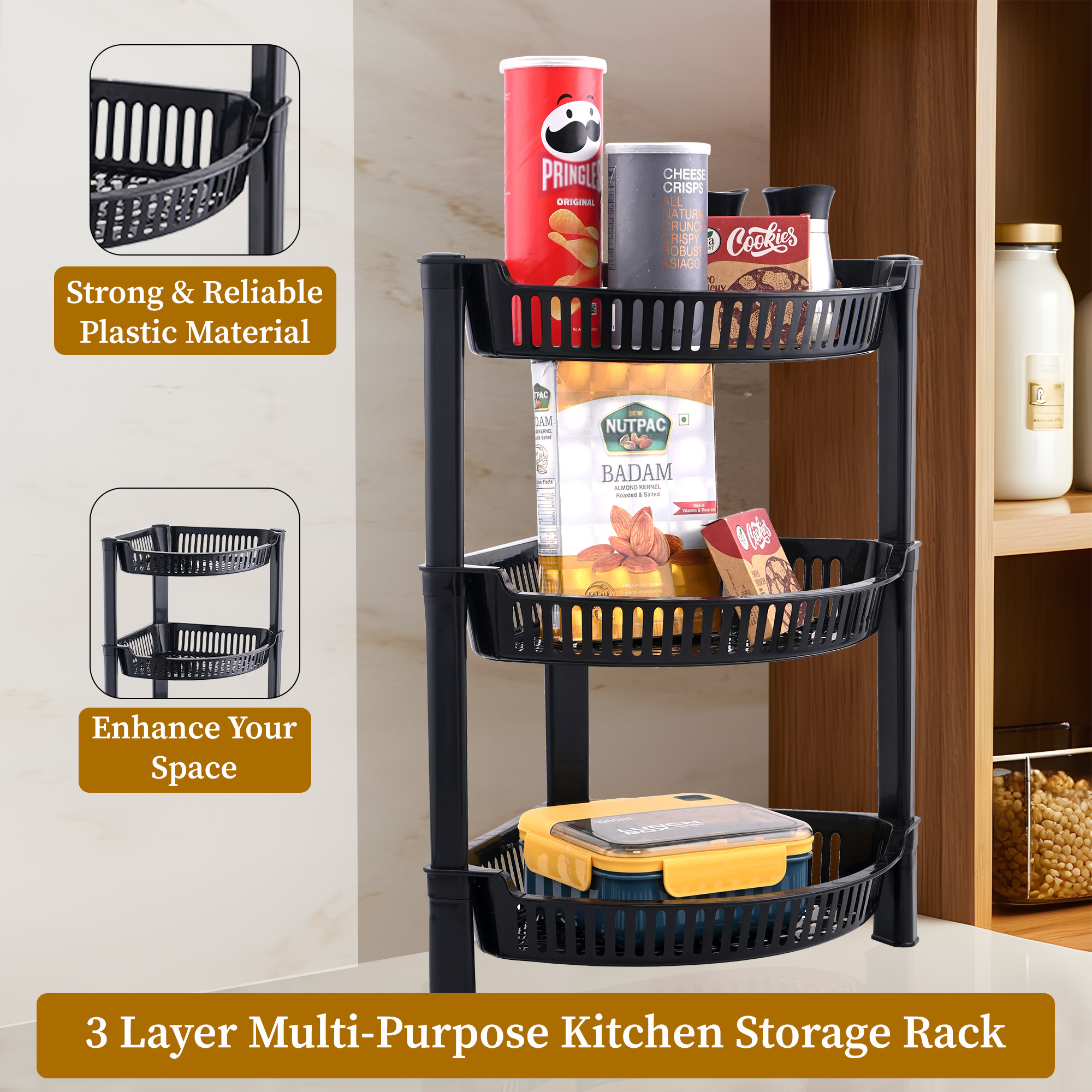 Kuber Industries 3 Tier Folding Plastic Fruit  Vegetable Basket Stand  Onion Potato Rack for Kitchen Storage Corner  Modern Organizer Aalu Pyaj Storage Basket Shelf Stand  Black