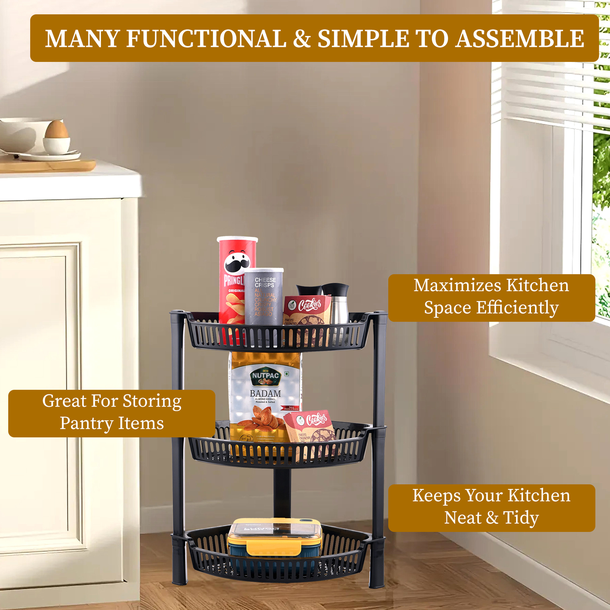 Kuber Industries 3 Tier Folding Plastic Fruit  Vegetable Basket Stand  Onion Potato Rack for Kitchen Storage Corner  Modern Organizer Aalu Pyaj Storage Basket Shelf Stand  Black