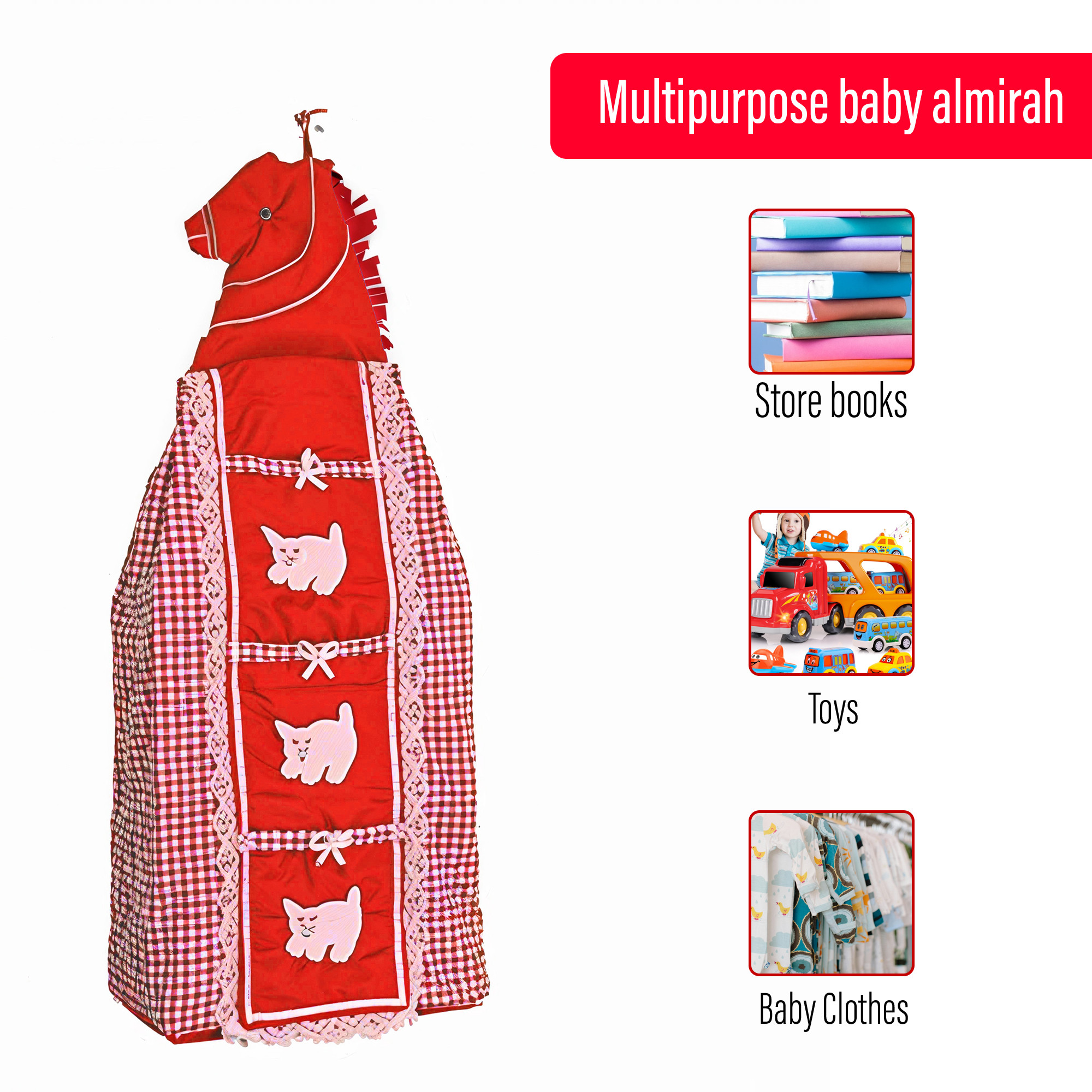 Kuber Industries 3-Tier Hanging Baby Wardrobe for Clothes Storage  Kids Cupboard Cloth Organizer Almirah  Dress Rack for Home  Check - Red