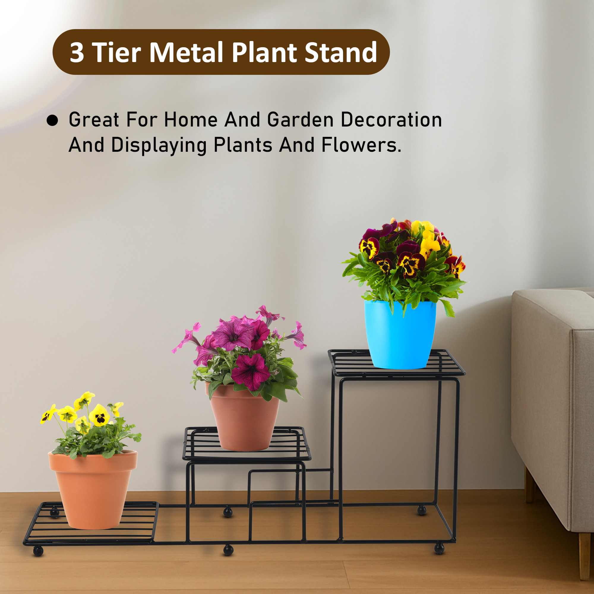 Kuber Industries 3 Tier Metal Plant Stands for Outdoor Balcony and Garden  Flower Pot Indoor Planter Stand for Home Decor  Terrace Plant Organiser  Black