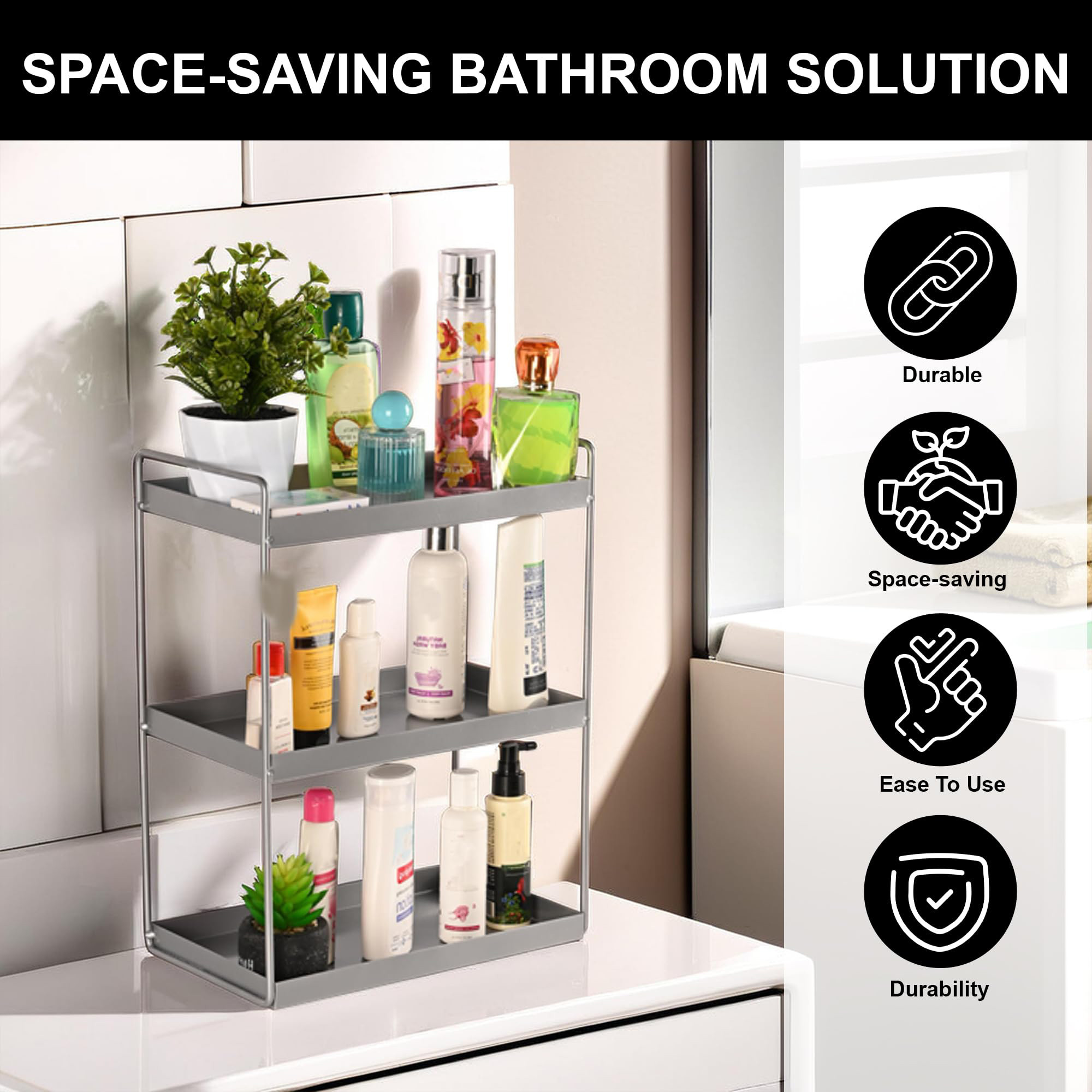 Kuber Industries 3-Tier Rust-Resistant Bathroom Organiser Stand  Space-Saving Bathroom Racks And Shelves for Soap Shampoo  Toiletry Storage  Silver