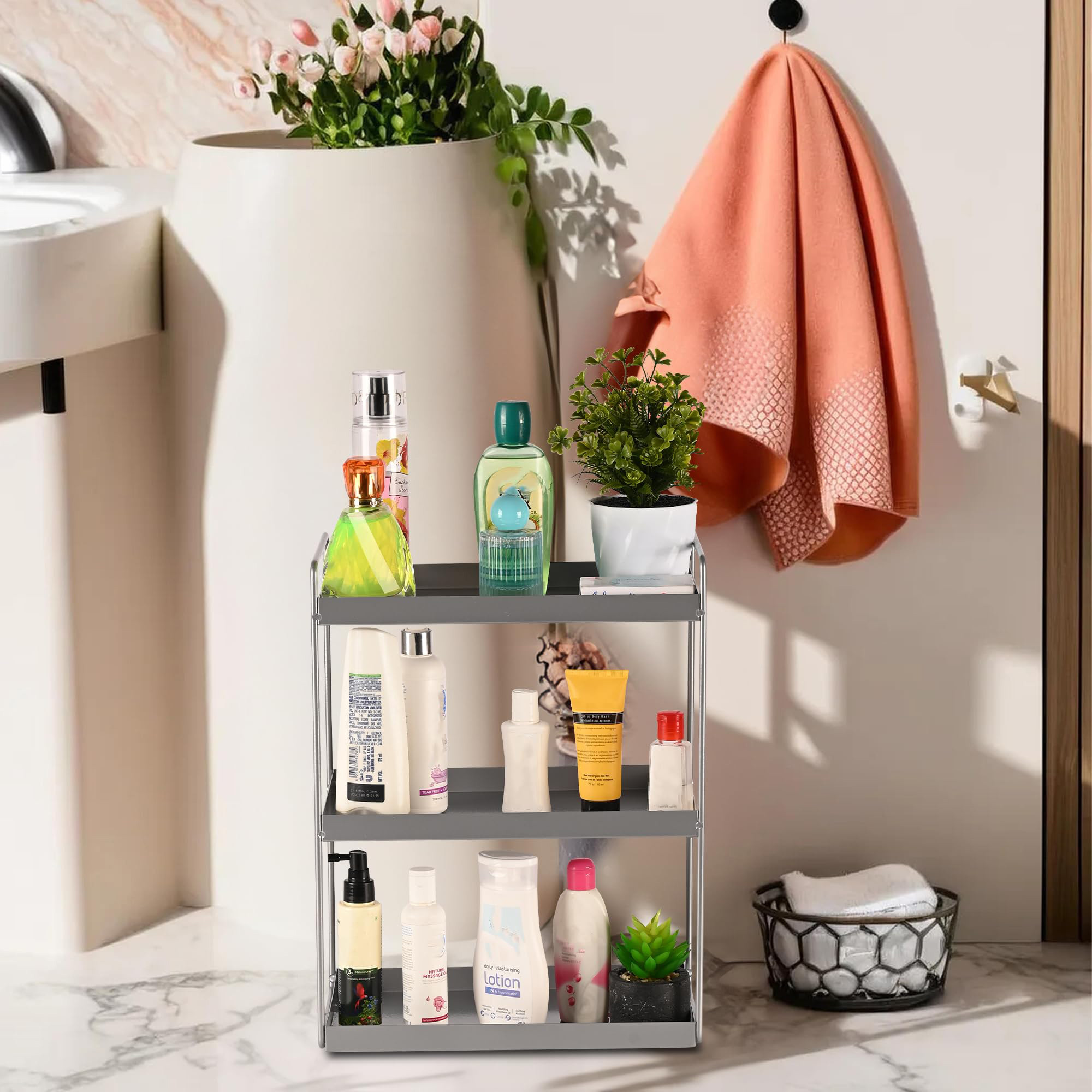 Kuber Industries 3-Tier Rust-Resistant Bathroom Organiser Stand  Space-Saving Bathroom Racks And Shelves for Soap Shampoo  Toiletry Storage  Silver