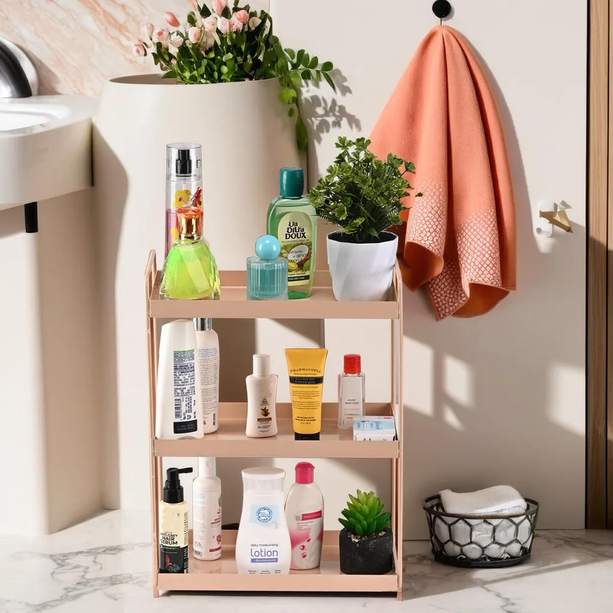 Kuber Industries 3-Tier Rust-Resistant Bathroom Organiser Stand  Space-Saving Bathroom Racks And Shelves for Soap Shampoo  Toiletry Storage  Peach