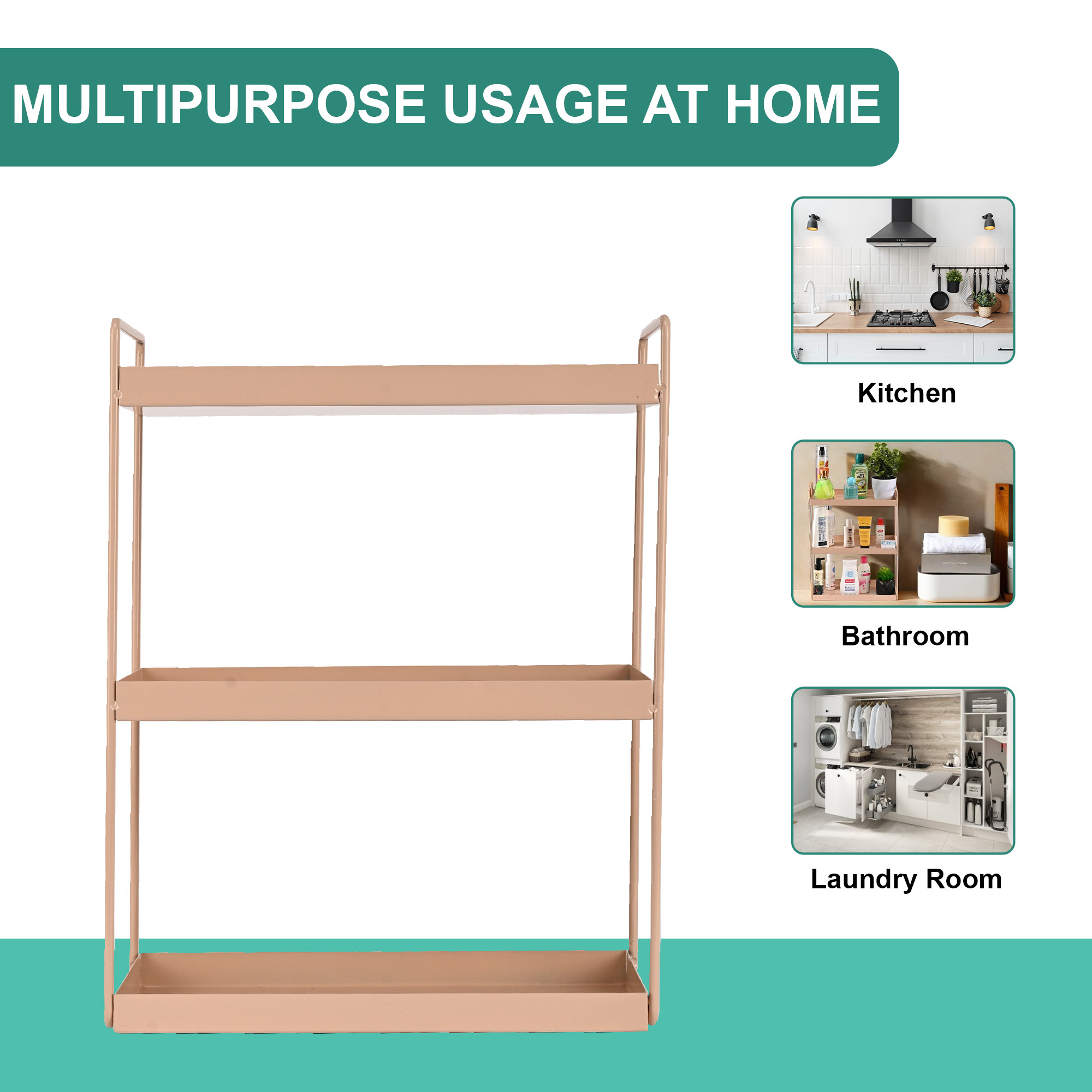 Kuber Industries 3-Tier Rust-Resistant Bathroom Organiser Stand  Space-Saving Bathroom Racks And Shelves for Soap Shampoo  Toiletry Storage  Peach