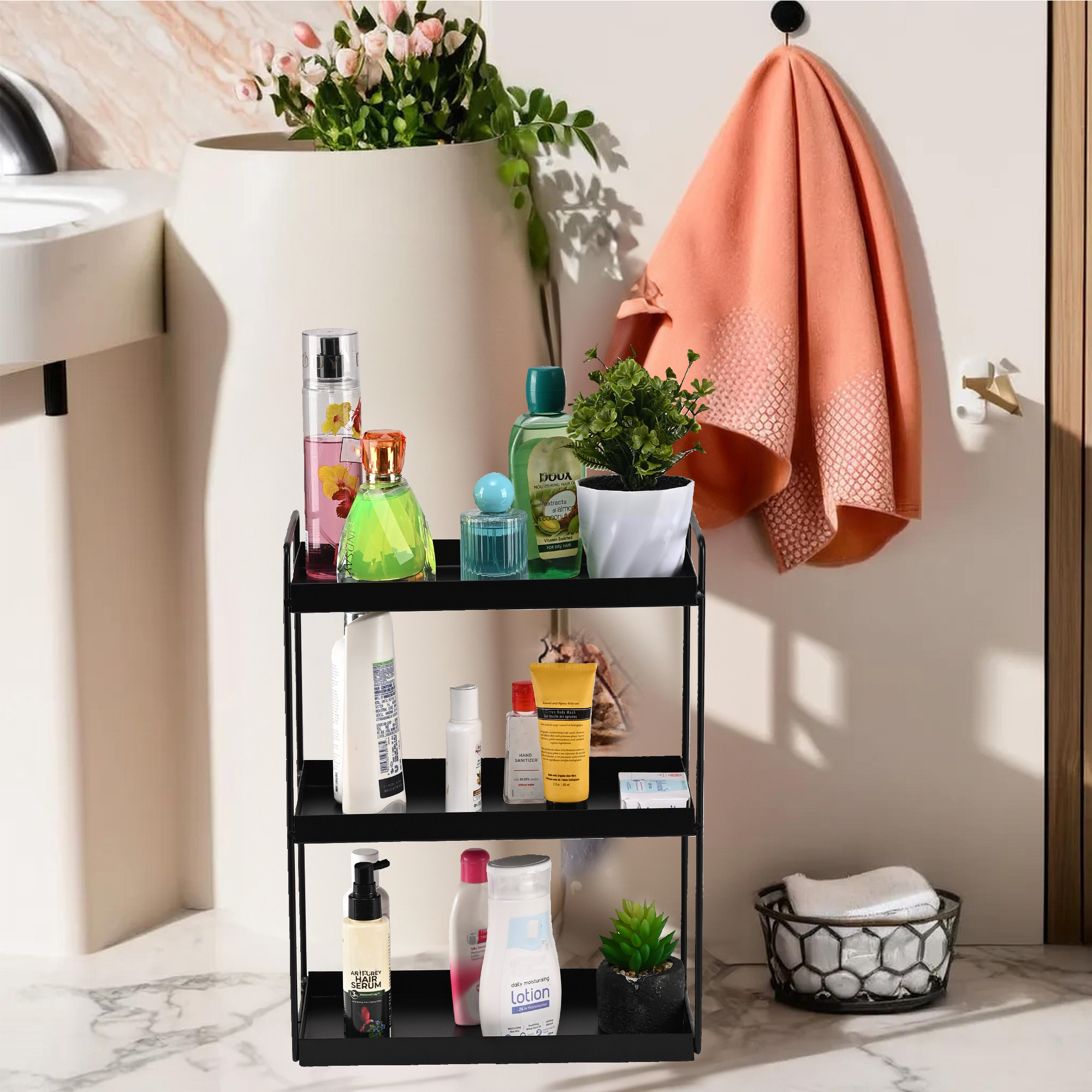 Kuber Industries 3-Tier Rust-Resistant Bathroom Organiser Stand  Space-Saving Bathroom Racks And Shelves for Soap Shampoo  Toiletry Storage  Black