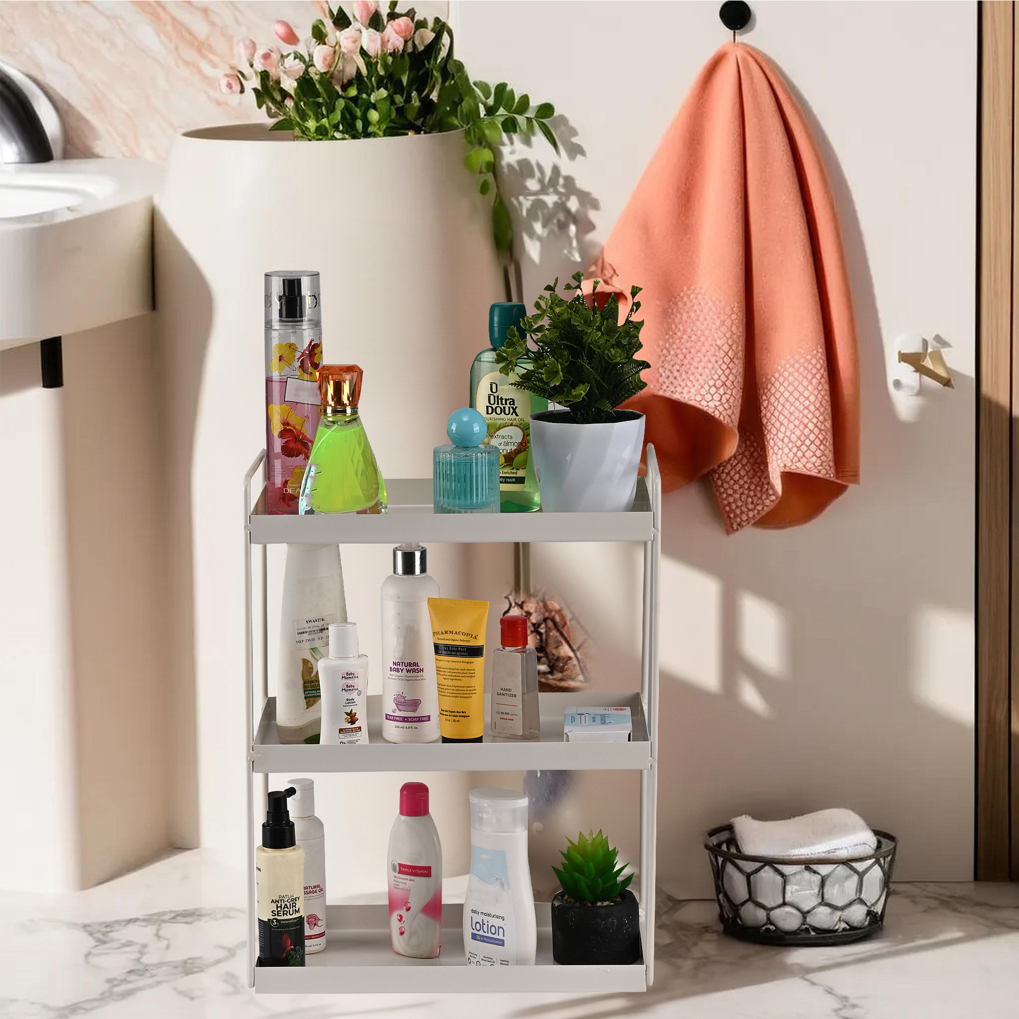 Kuber Industries 3-Tier Rust-Resistant Bathroom Organiser Stand  Space-Saving Bathroom Racks And Shelves for Soap Shampoo  Toiletry Storage  White