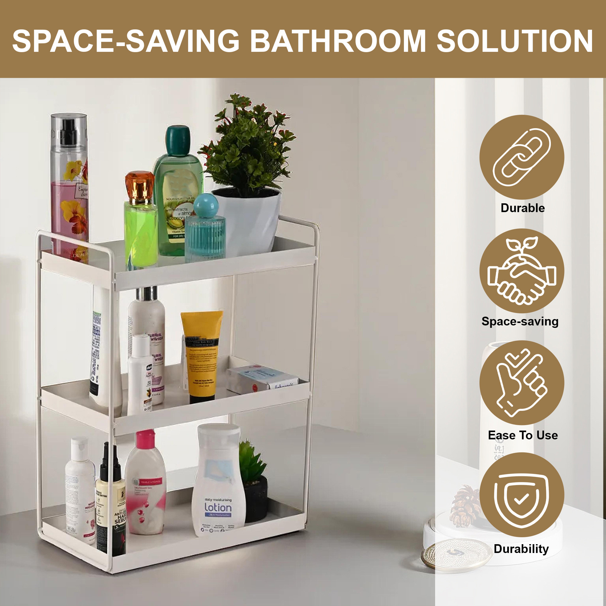 Kuber Industries 3-Tier Rust-Resistant Bathroom Organiser Stand  Space-Saving Bathroom Racks And Shelves for Soap Shampoo  Toiletry Storage  White