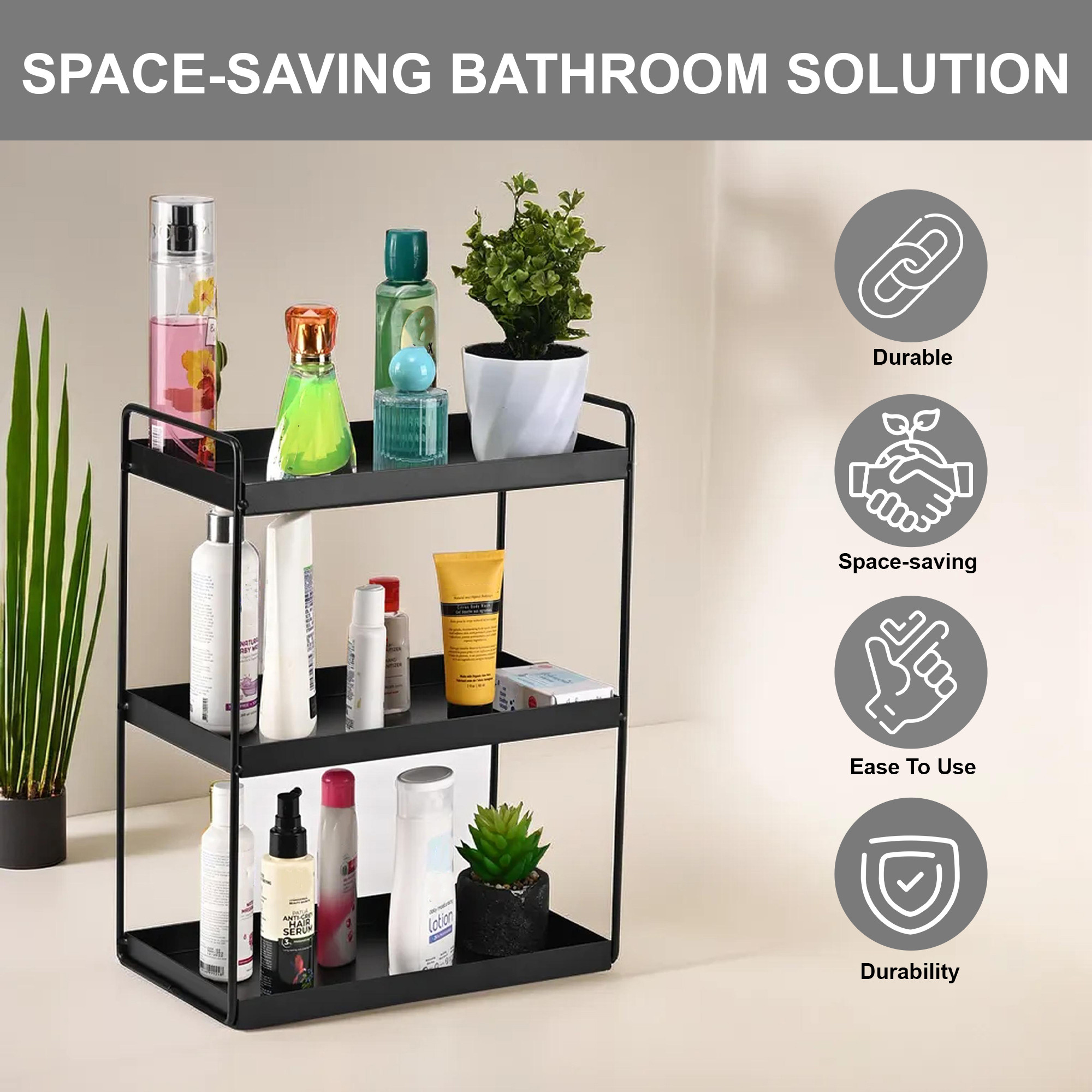 Kuber Industries 3-Tier Rust-Resistant Bathroom Organiser Stand  Space-Saving Bathroom Racks And Shelves for Soap Shampoo  Toiletry Storage  Black