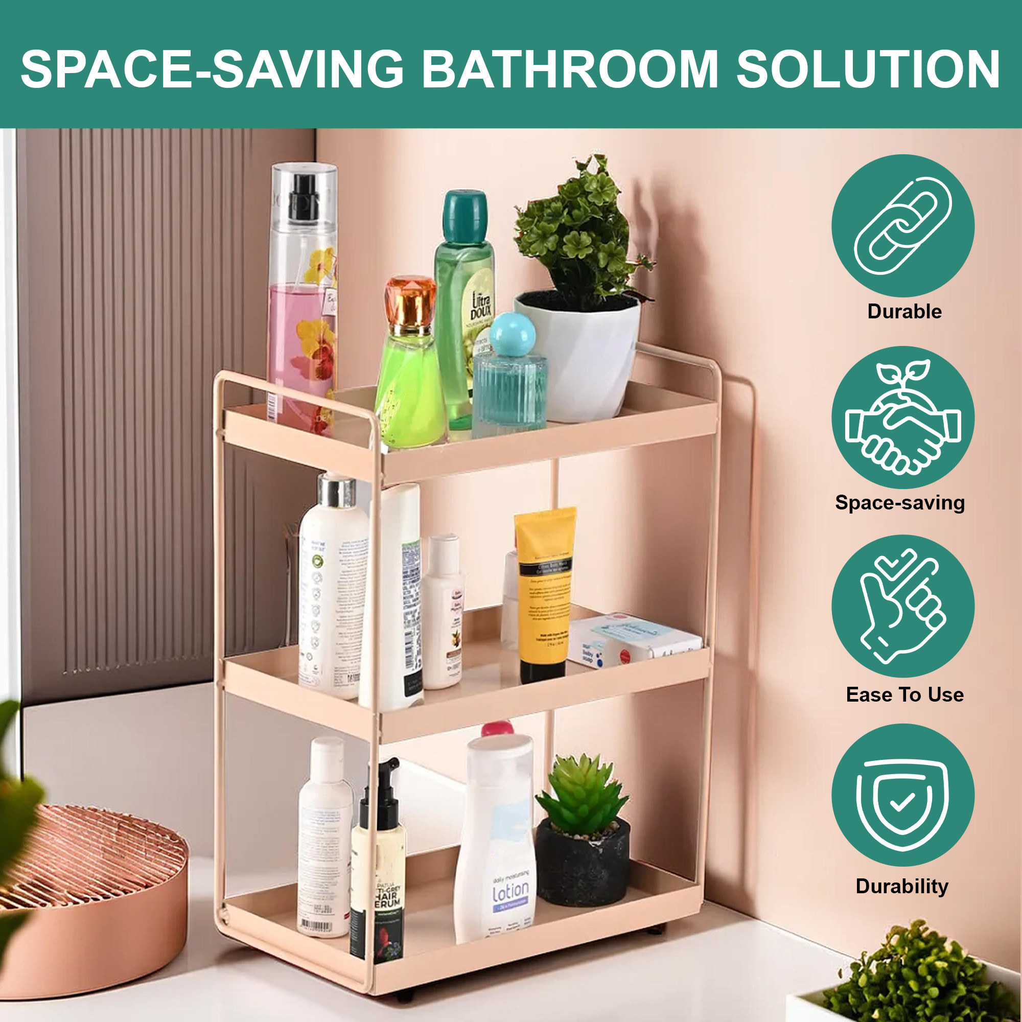 Kuber Industries 3-Tier Rust-Resistant Bathroom Organiser Stand  Space-Saving Bathroom Racks And Shelves for Soap Shampoo  Toiletry Storage  Peach
