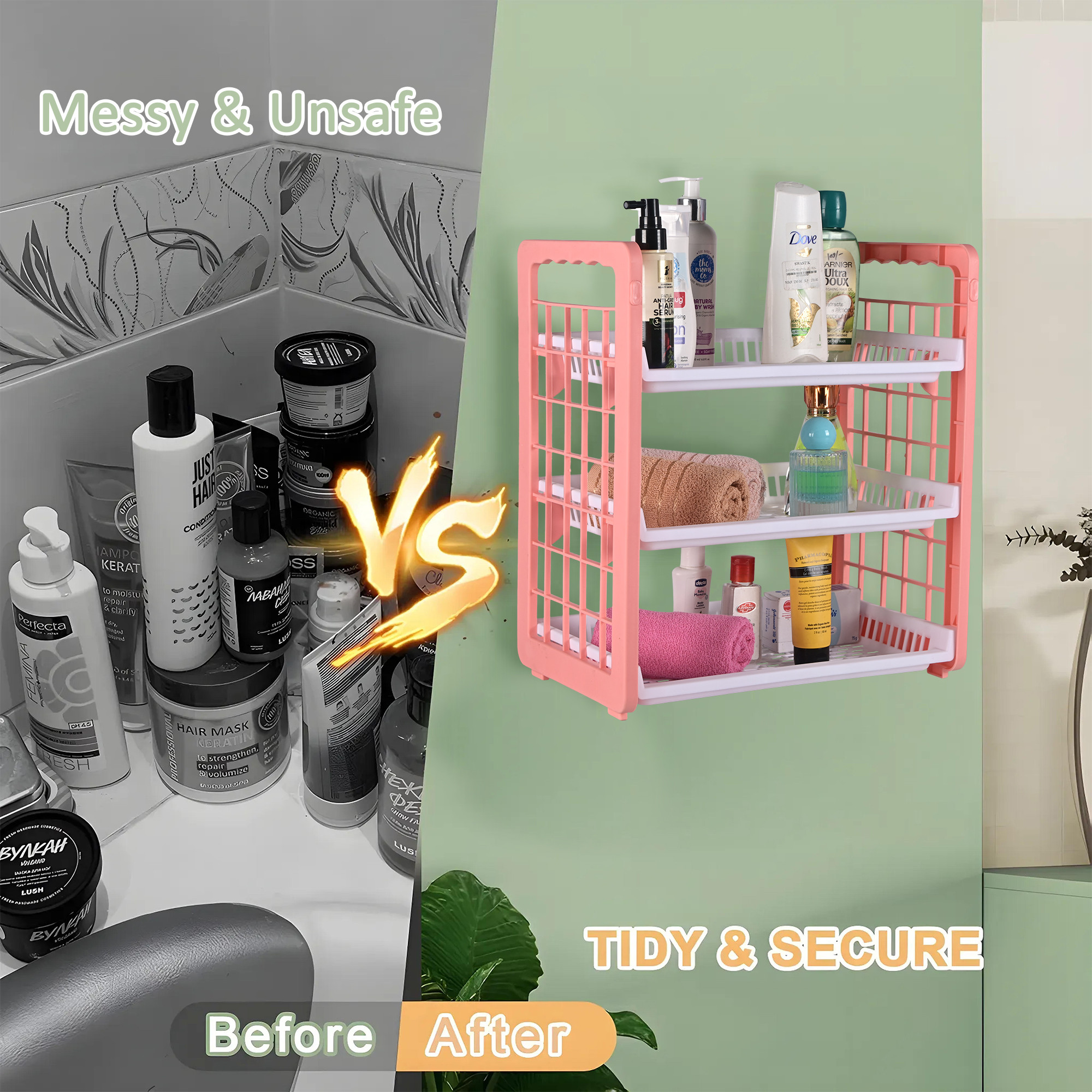 Kuber Industries 3-Tier Wall Mount Plastic Bathroom Stand  Stackable Bathroom Shelf  Vegetable Rack for Kitchen Onion and Potato Basket  Kitchen Vegetable Storage Rack  White  Peach