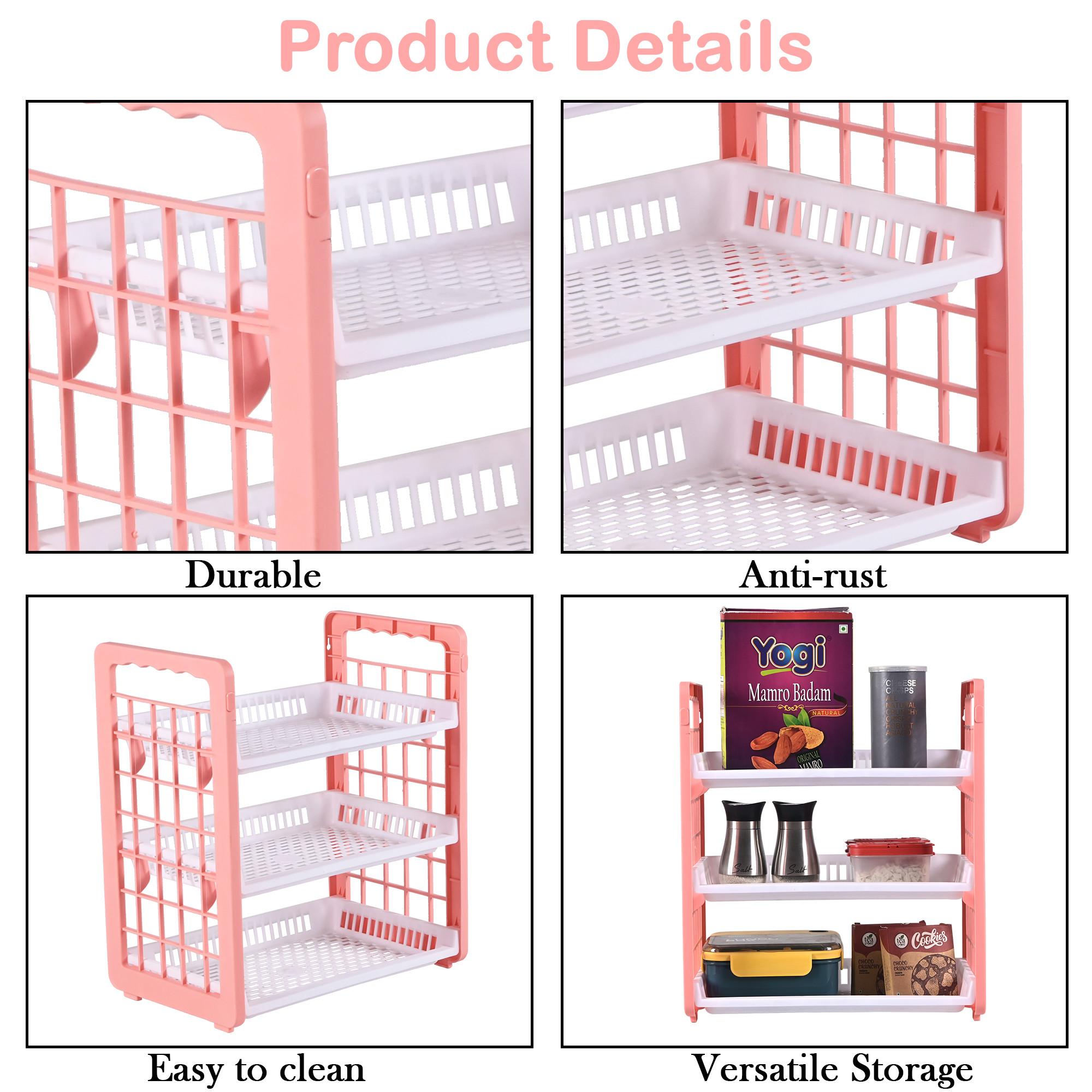 Kuber Industries 3-Tier Wall Mount Plastic Bathroom Stand  Stackable Bathroom Shelf  Vegetable Rack for Kitchen Onion and Potato Basket  Kitchen Vegetable Storage Rack  White  Peach