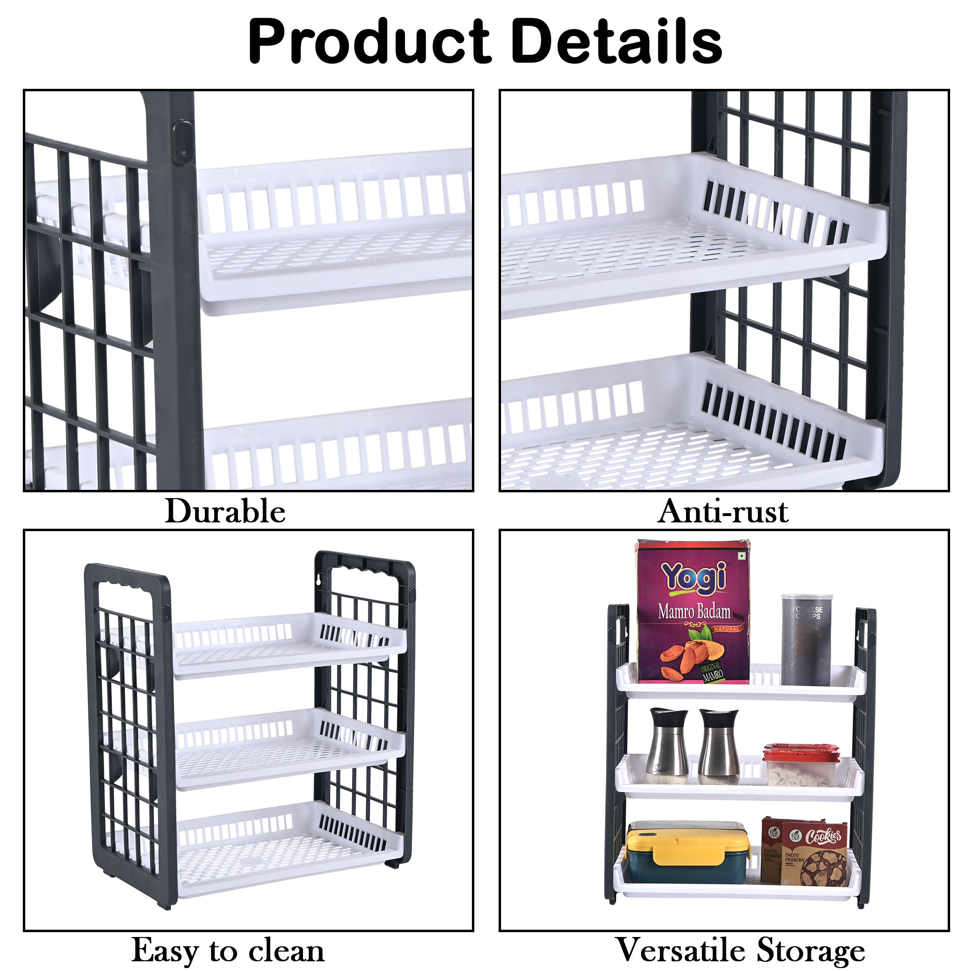 Kuber Industries 3-Tier Wall Mount Plastic Bathroom Stand  Stackable Bathroom Shelf  Vegetable Rack for Kitchen Onion and Potato Basket  Kitchen Vegetable Storage Rack  White  Grey