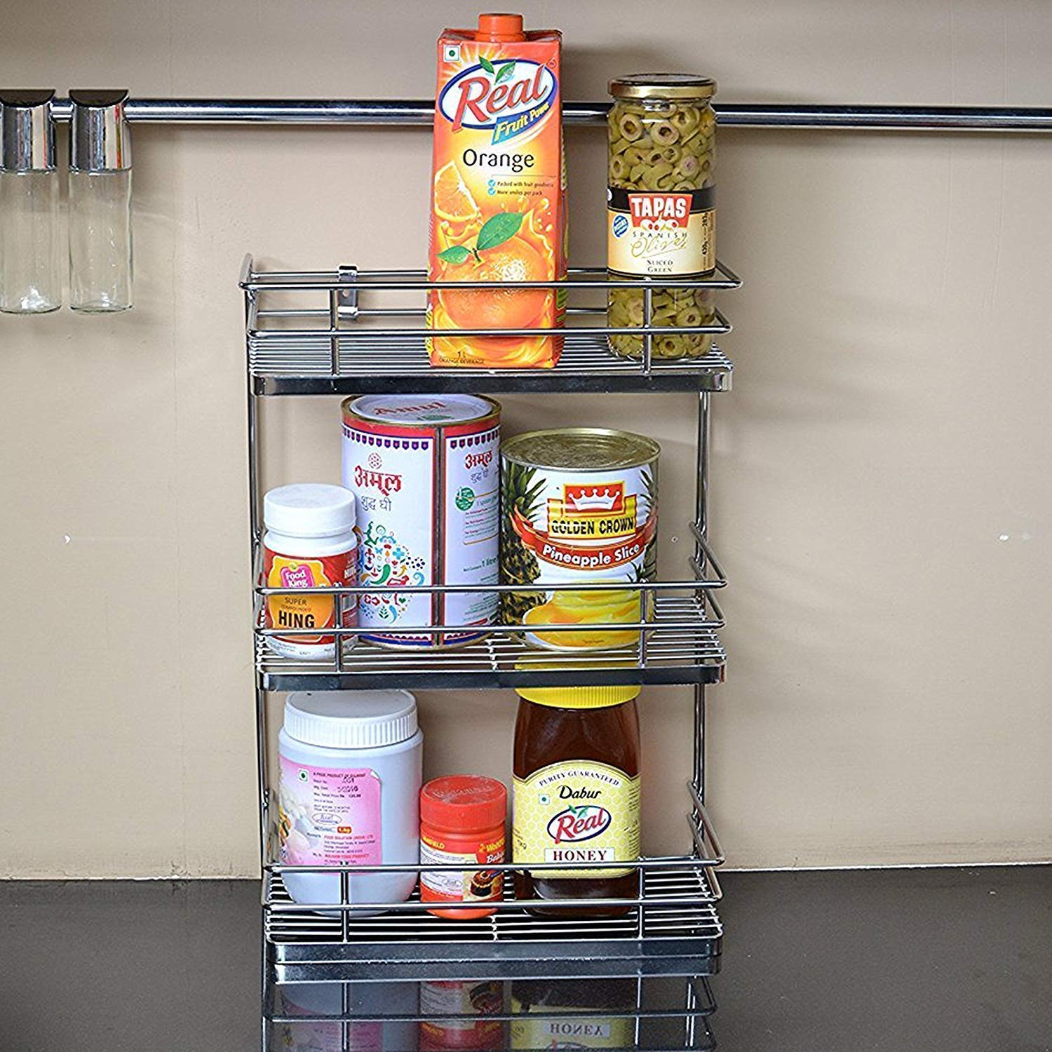 Kuber Industries 3 Tier Wall Mounted Spice Rack Kitchen Organiser (Silver)