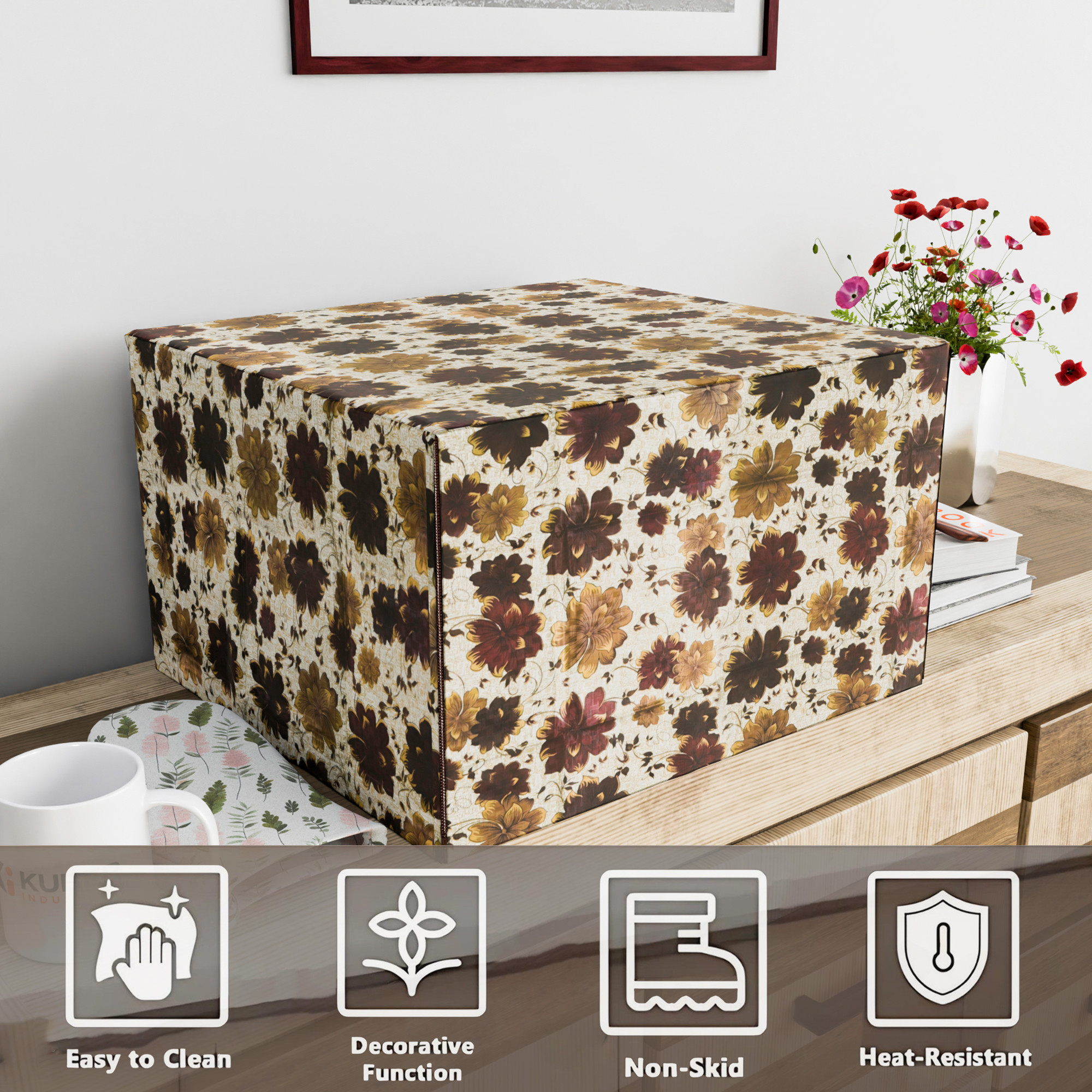 Kuber Industries 30 Ltr Dustproof Full Microwave Cover  Otg Oven Accessories for Durable  Dustroof Kitchen Decor  Flowers Brown
