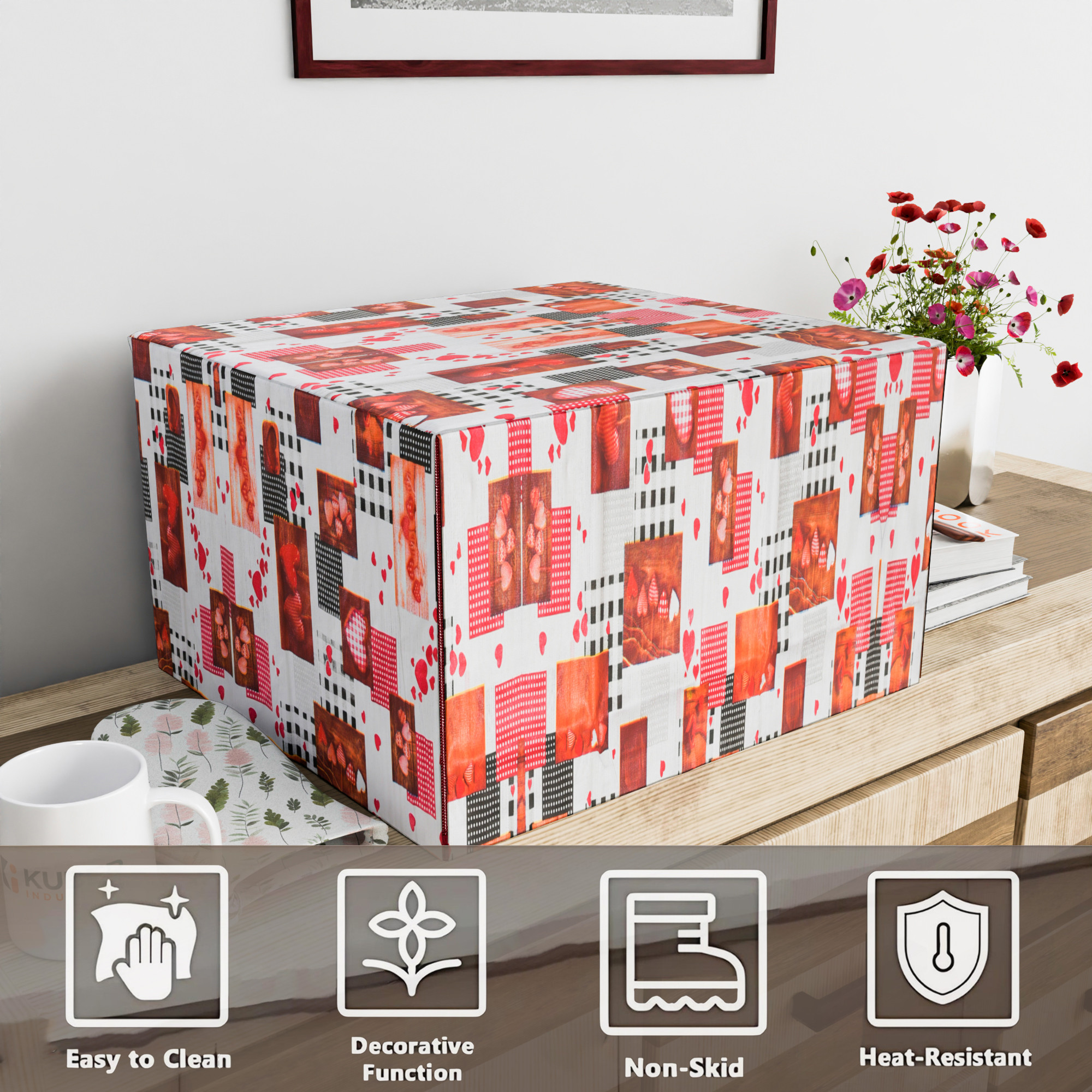 Kuber Industries 30 Ltr Dustproof Full Microwave Cover with Zip  Convection OTG Oven  Accessories Kitchen Decor  Hearts Print - White  Red