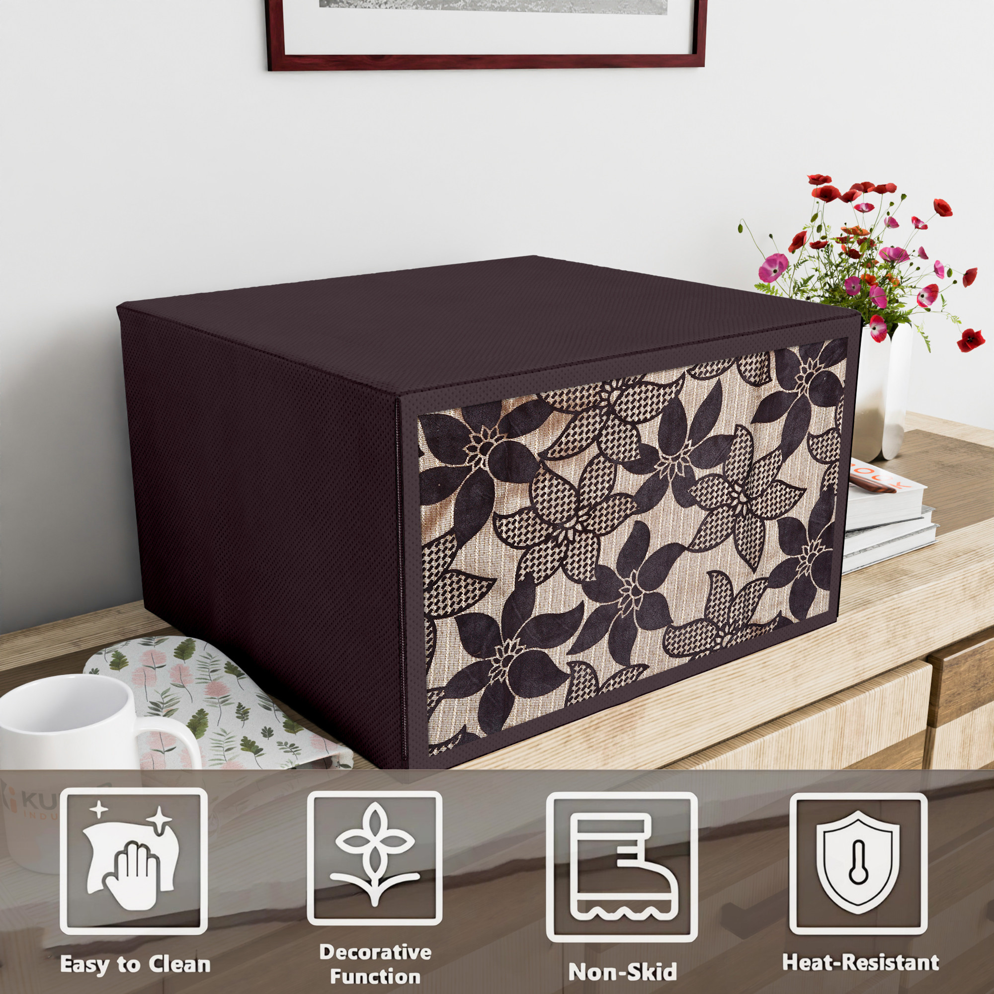 Kuber Industries 30 Ltr Dustproof Full Microwave Cover with Zip  Convection OTG Oven  Accessories Kitchen Decor  Flower Print - Brown