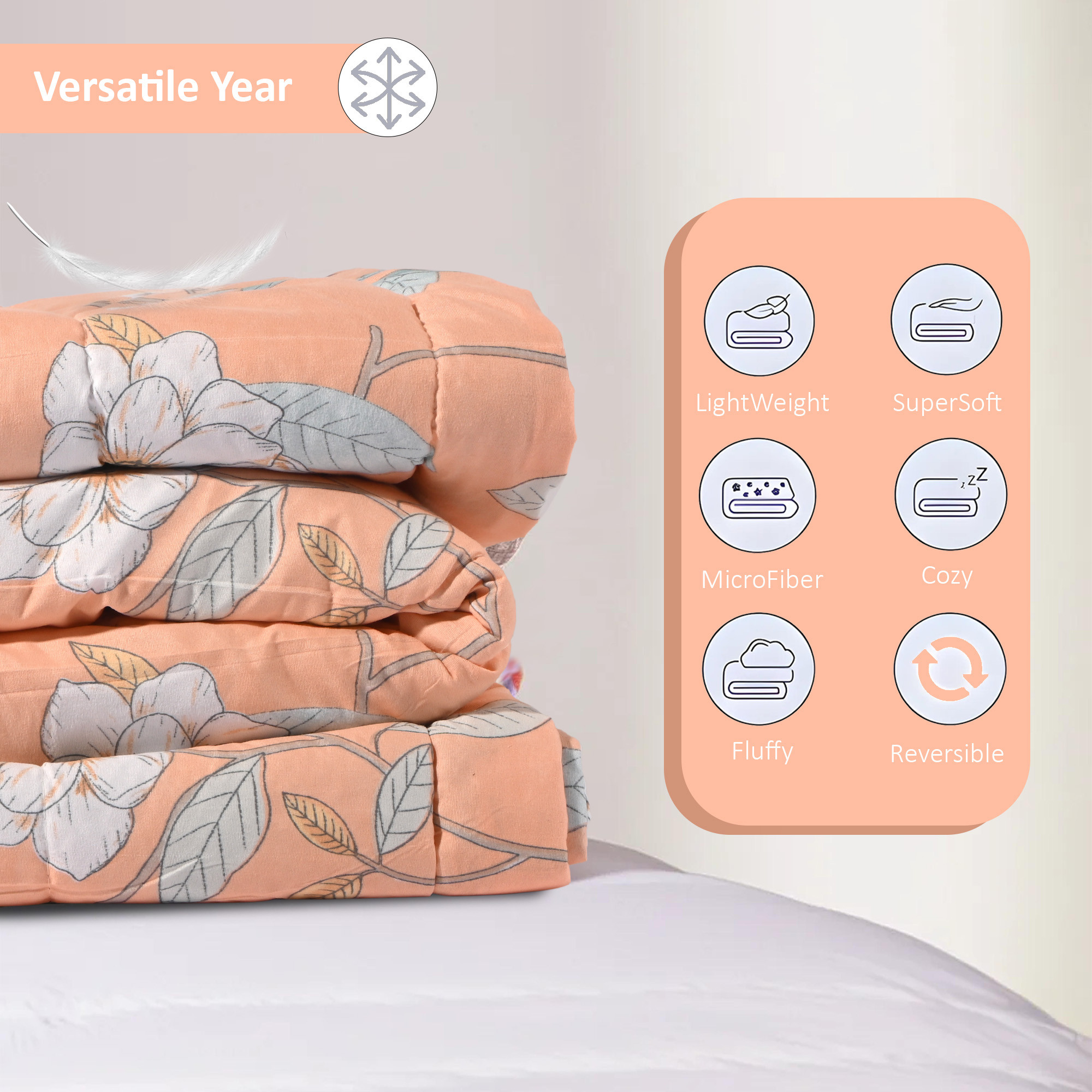 Kuber Industries 300 GSM Reversible AC Comforter for Double Bed  All Weather Warm  Soft Microfiber Quilt  Beautifully Crafted Razai Duvet  Kambal for Home  Dezzy Flower -Peach