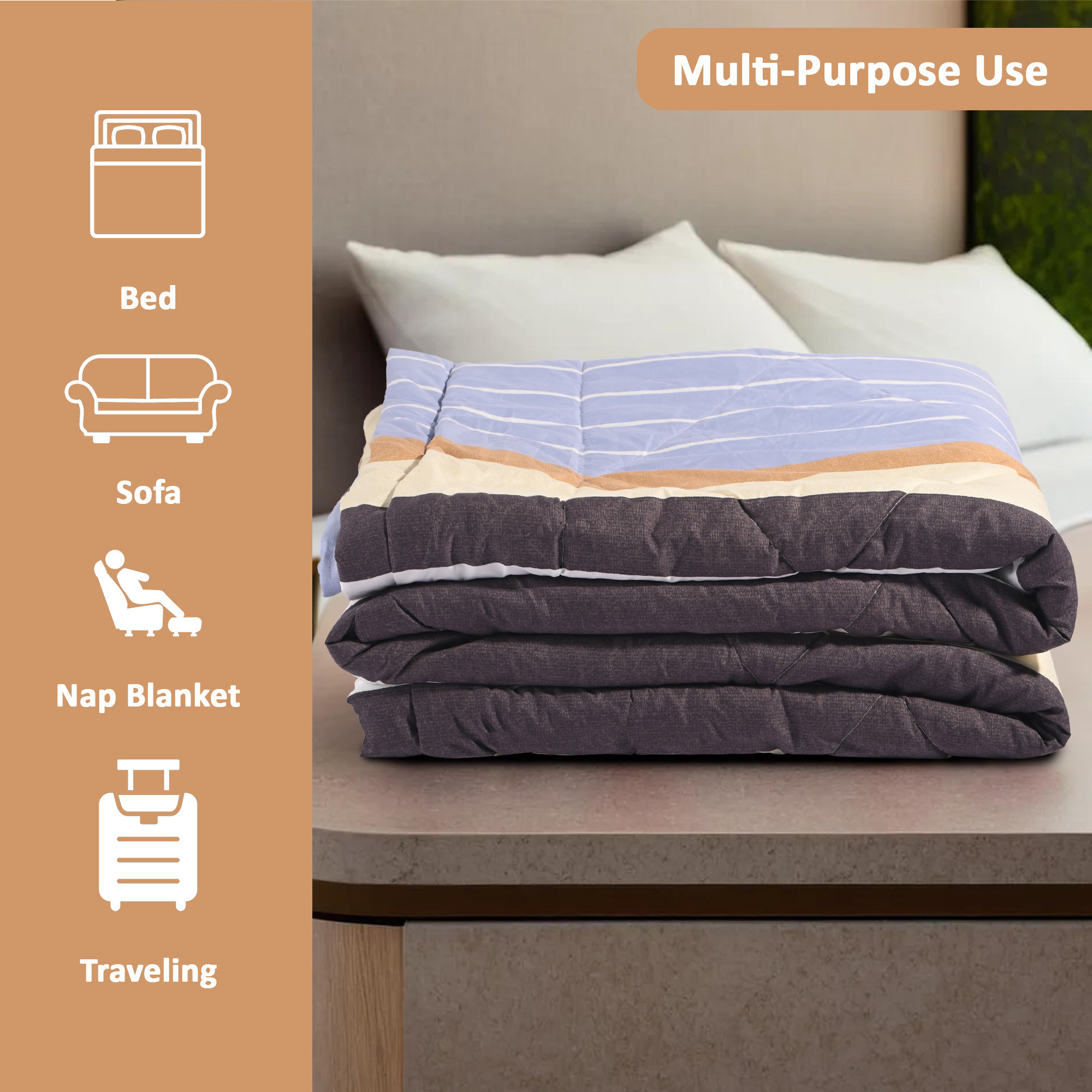 Kuber Industries 300 GSM Reversible AC Comforter for Double Bed  All Weather Warm  Soft Microfiber Quilt  Beautifully Crafted Razai Duvet  Kambal for Home  Strips -Brown