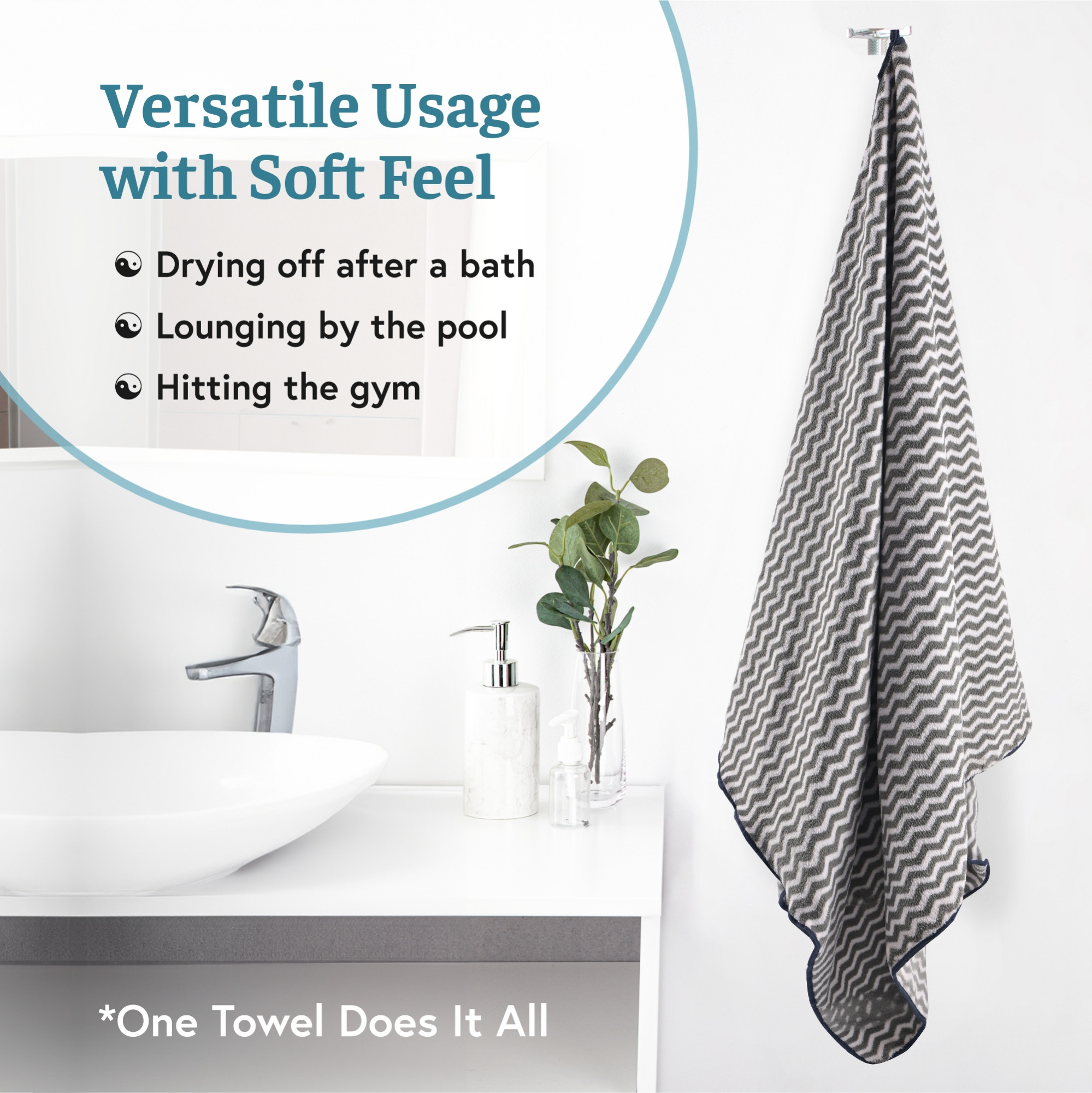 Kuber Industries 30x60 Inch Microfiber Towel for Bath Large Size  280 GSM Soft Towel for Women and Men  Quick Dry  Absorbent Shower Bathtowel for Swimming and Beach  Zig Zag - Grey