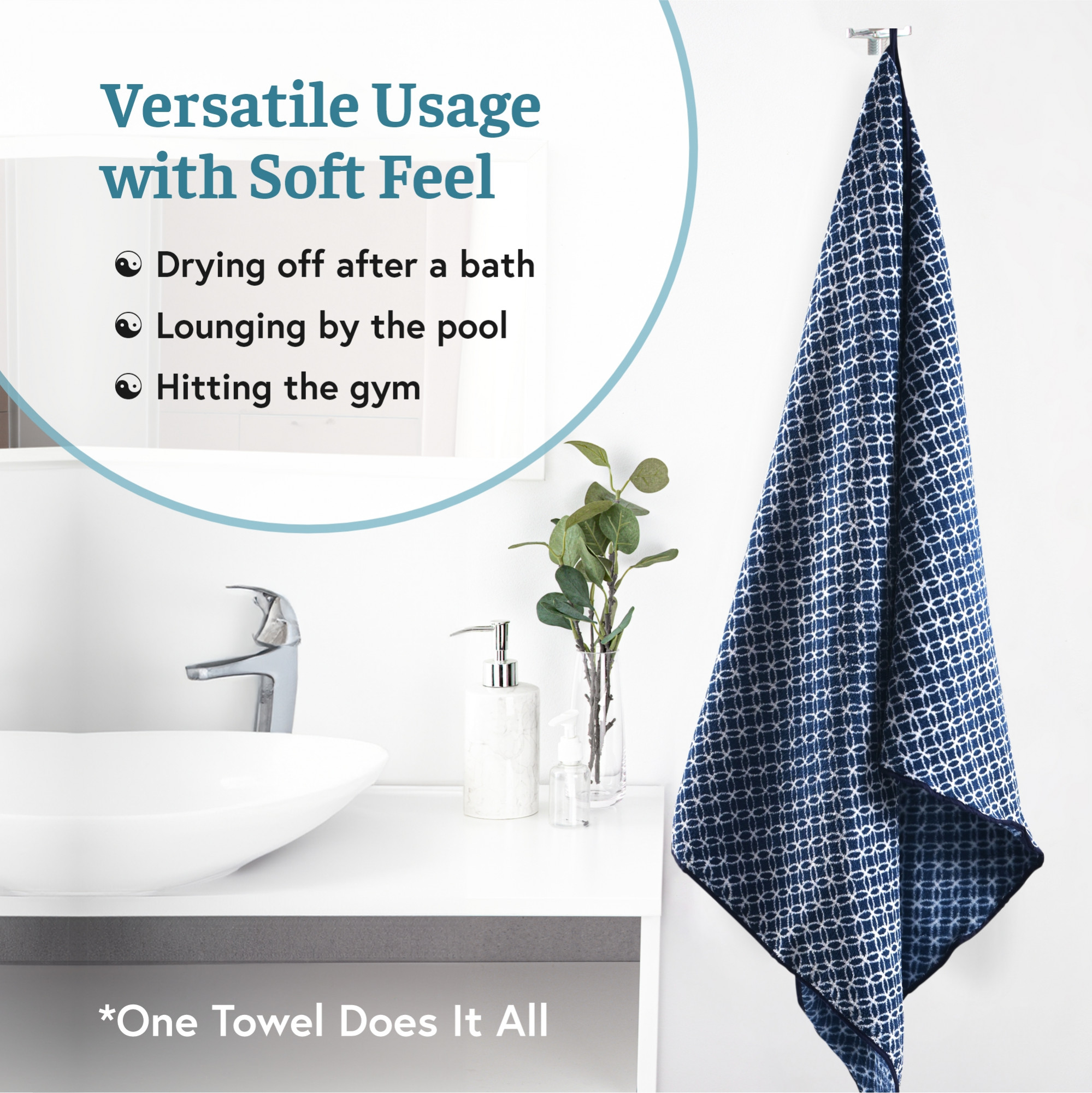 Kuber Industries 30x60 Inch Microfiber Towel for Bath Large Size  280 GSM Soft Towel for Women and Men  Quick Dry  Absorbent Shower Bathtowel for Swimming and Beach  Circle - Blue