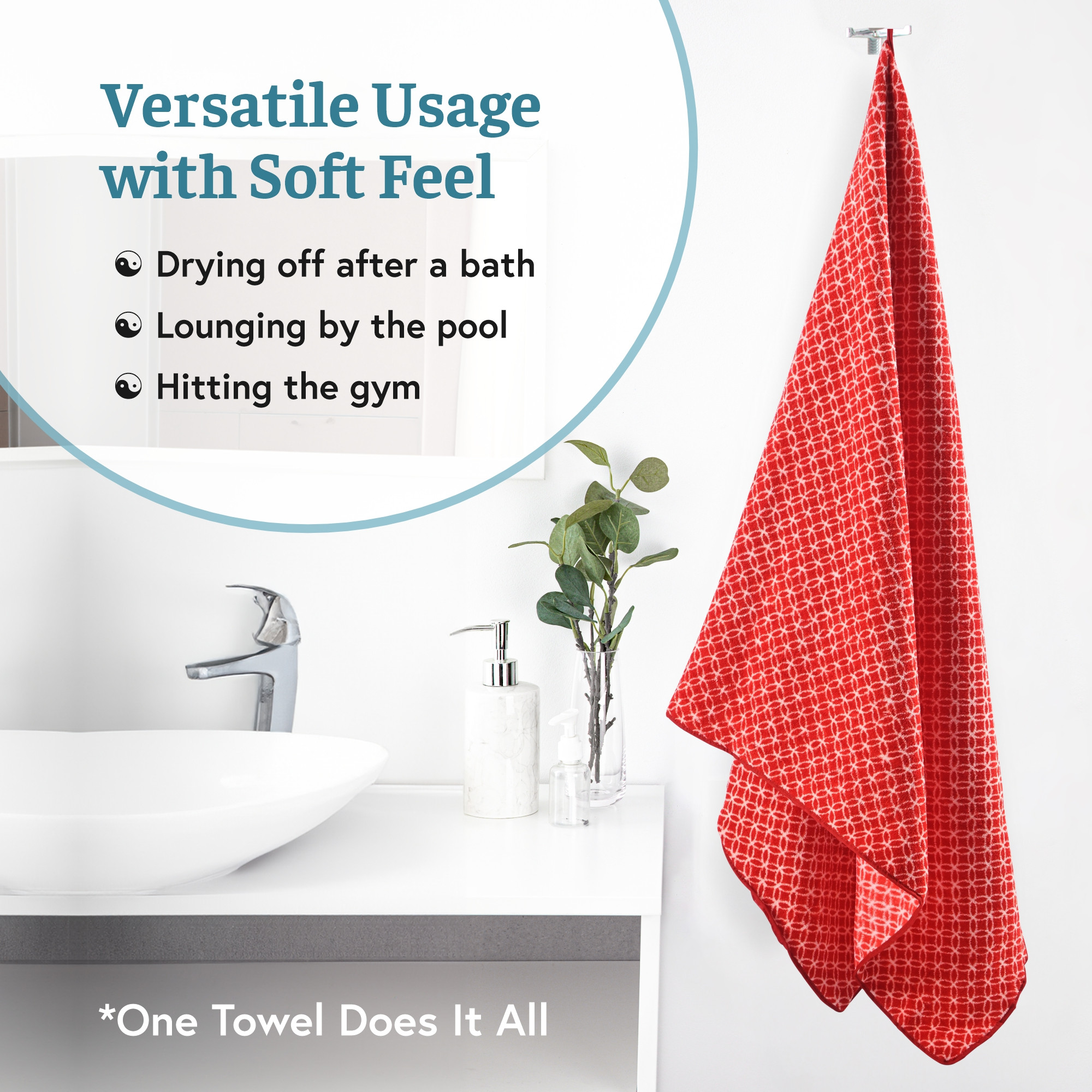 Kuber Industries 30x60 Inch Microfiber Towel for Bath Large Size  280 GSM Soft Towel for Women and Men  Quick Dry  Absorbent Shower Bathtowel for Swimming and Beach  Circle - Red