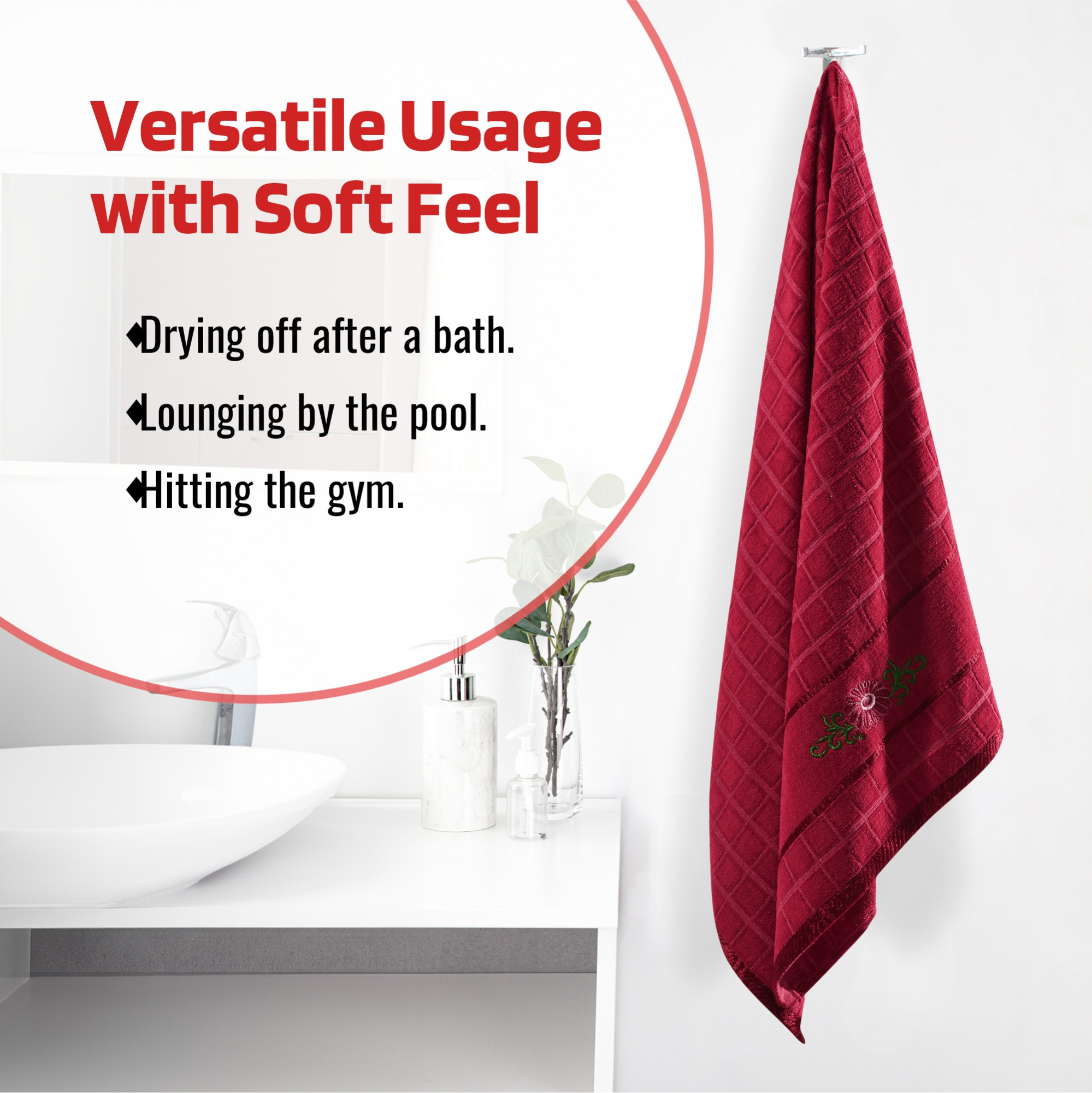 Kuber Industries 30x60 Inches Rectangle Super Absorbent Travel Gym  Bath Towel for Women  Soft  Comfortable Swimming  Bathing Towels for Men  Gold Flower - Red