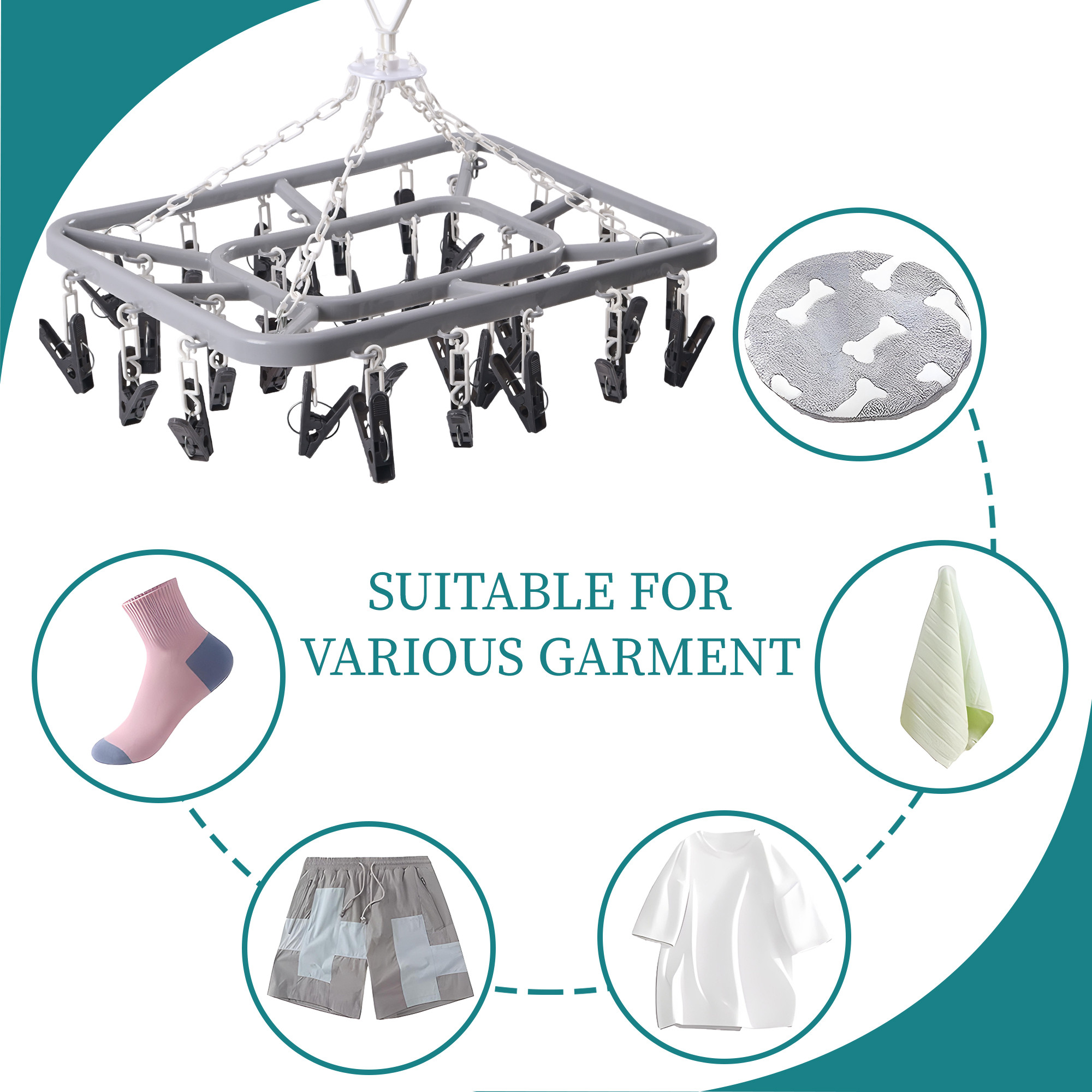 Kuber Industries 32 Clips Flying Hangers for Drying Clothes  360 Rotating Baby Cloth Hanger for Balcony  Home  Plastic Square Cloth Drying Stand Hanger for SocksScarfCaps  Grey  Black