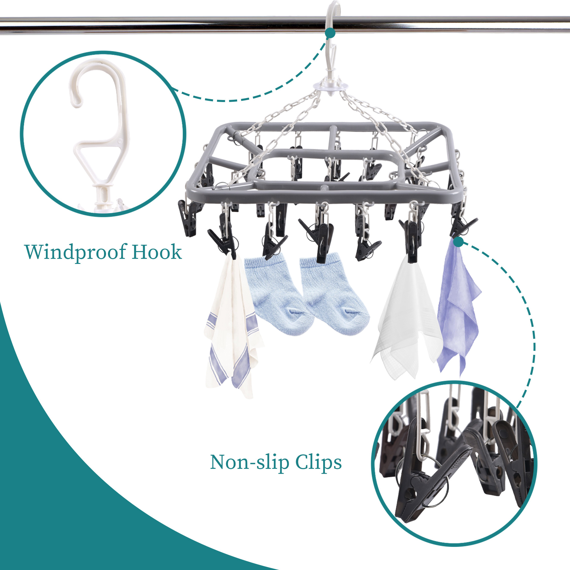 Kuber Industries 32 Clips Flying Hangers for Drying Clothes  360 Rotating Baby Cloth Hanger for Balcony  Home  Plastic Square Cloth Drying Stand Hanger for SocksScarfCaps  Grey  Black