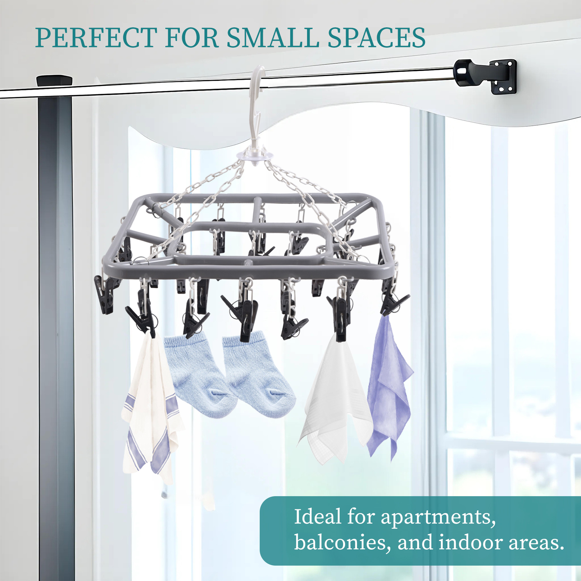 Kuber Industries 32 Clips Flying Hangers for Drying Clothes  360 Rotating Baby Cloth Hanger for Balcony  Home  Plastic Square Cloth Drying Stand Hanger for SocksScarfCaps  Grey  Black