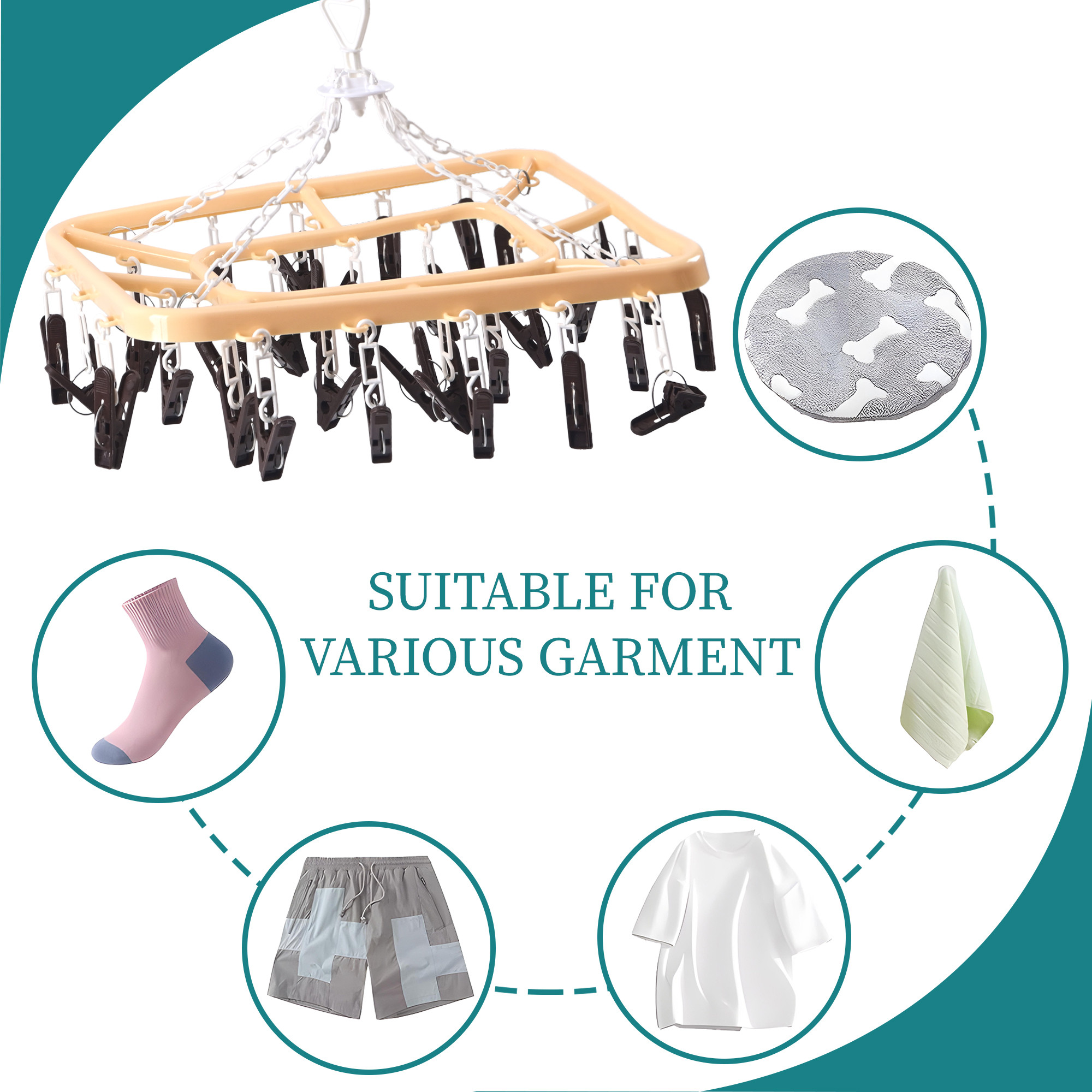 Kuber Industries 32 Clips Flying Hangers for Drying Clothes  360 Rotating Baby Cloth Hanger for Balcony  Home  Plastic Square Cloth Drying Stand Hanger for SocksScarfCaps  Cream  Brown