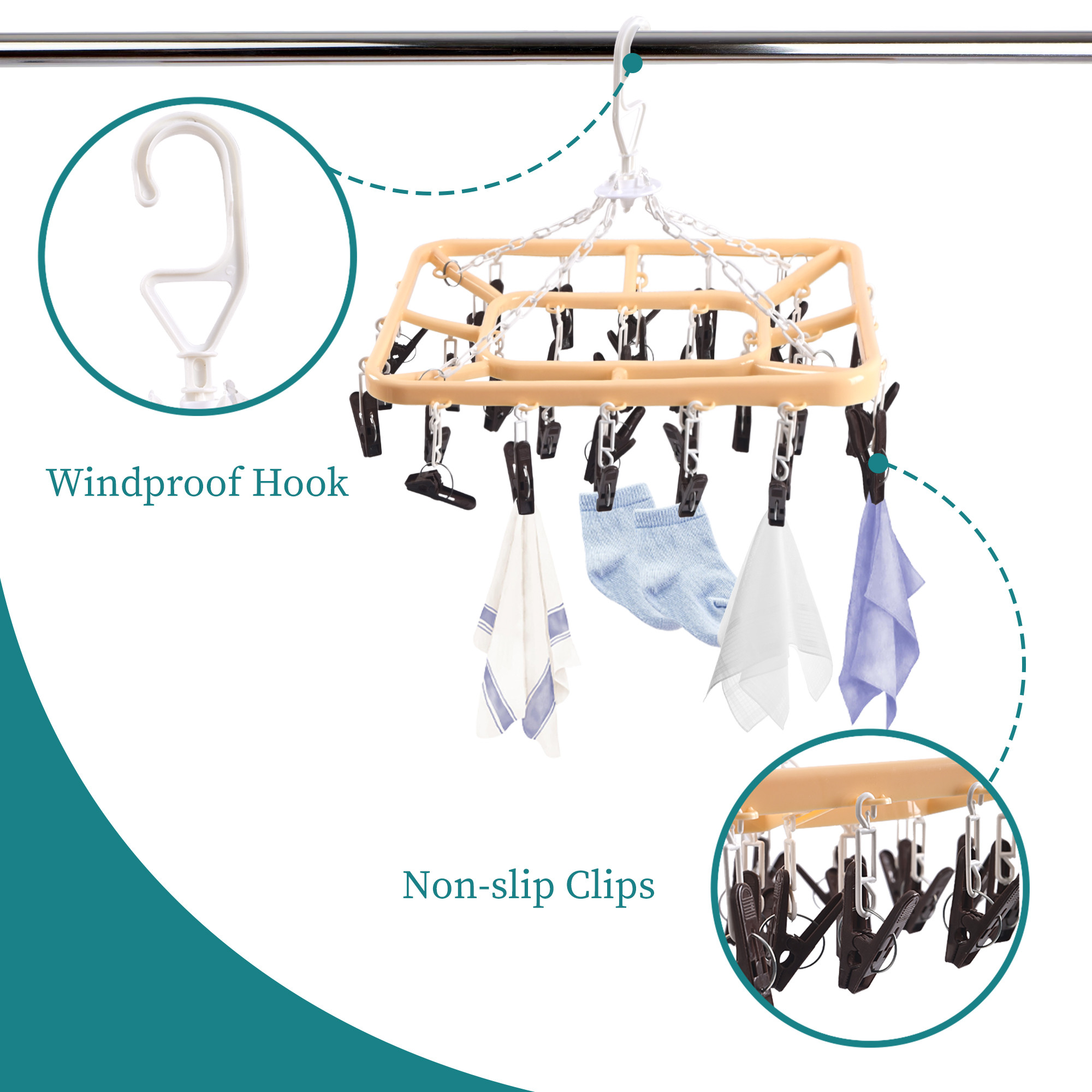 Kuber Industries 32 Clips Flying Hangers for Drying Clothes  360 Rotating Baby Cloth Hanger for Balcony  Home  Plastic Square Cloth Drying Stand Hanger for SocksScarfCaps  Cream  Brown