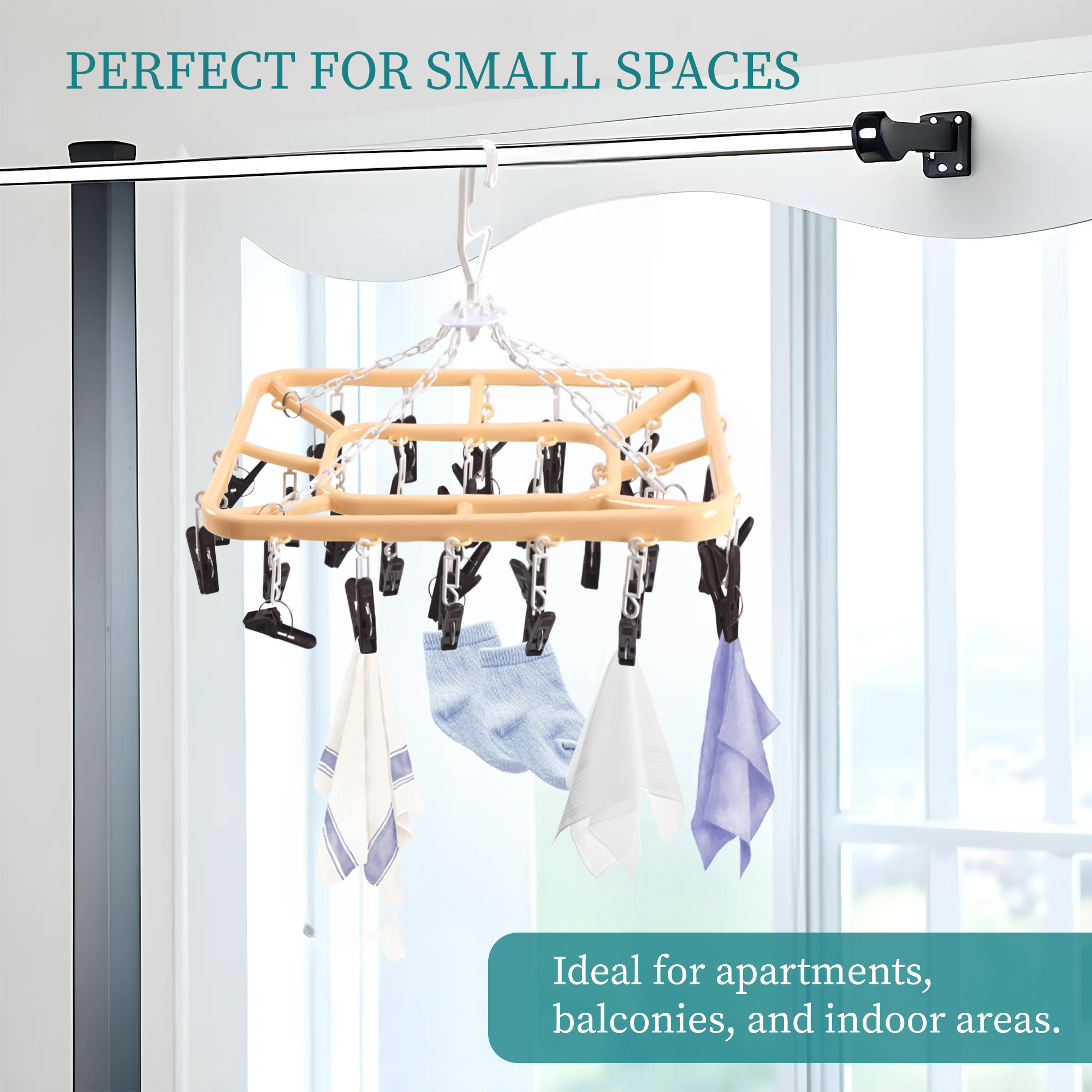 Kuber Industries 32 Clips Flying Hangers for Drying Clothes  360 Rotating Baby Cloth Hanger for Balcony  Home  Plastic Square Cloth Drying Stand Hanger for SocksScarfCaps  Cream  Brown