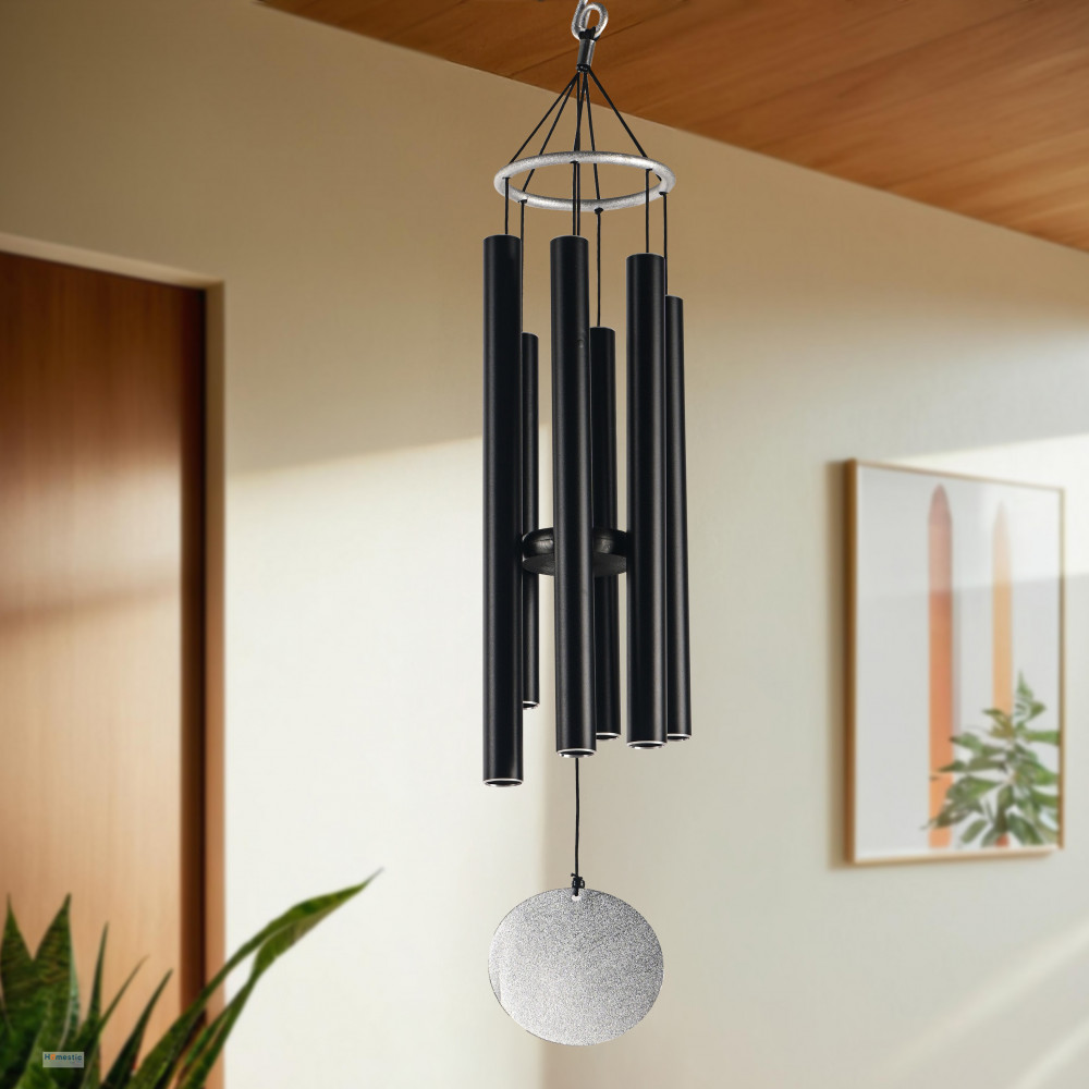Image of Kuber Industries (33 Inch) Big Size Musical Wind Chimes for Balcony | 6 Aluminium Pipes Wind Chimes for Home Positive Energy for Living Room | Windchimes for Home Decor | Black