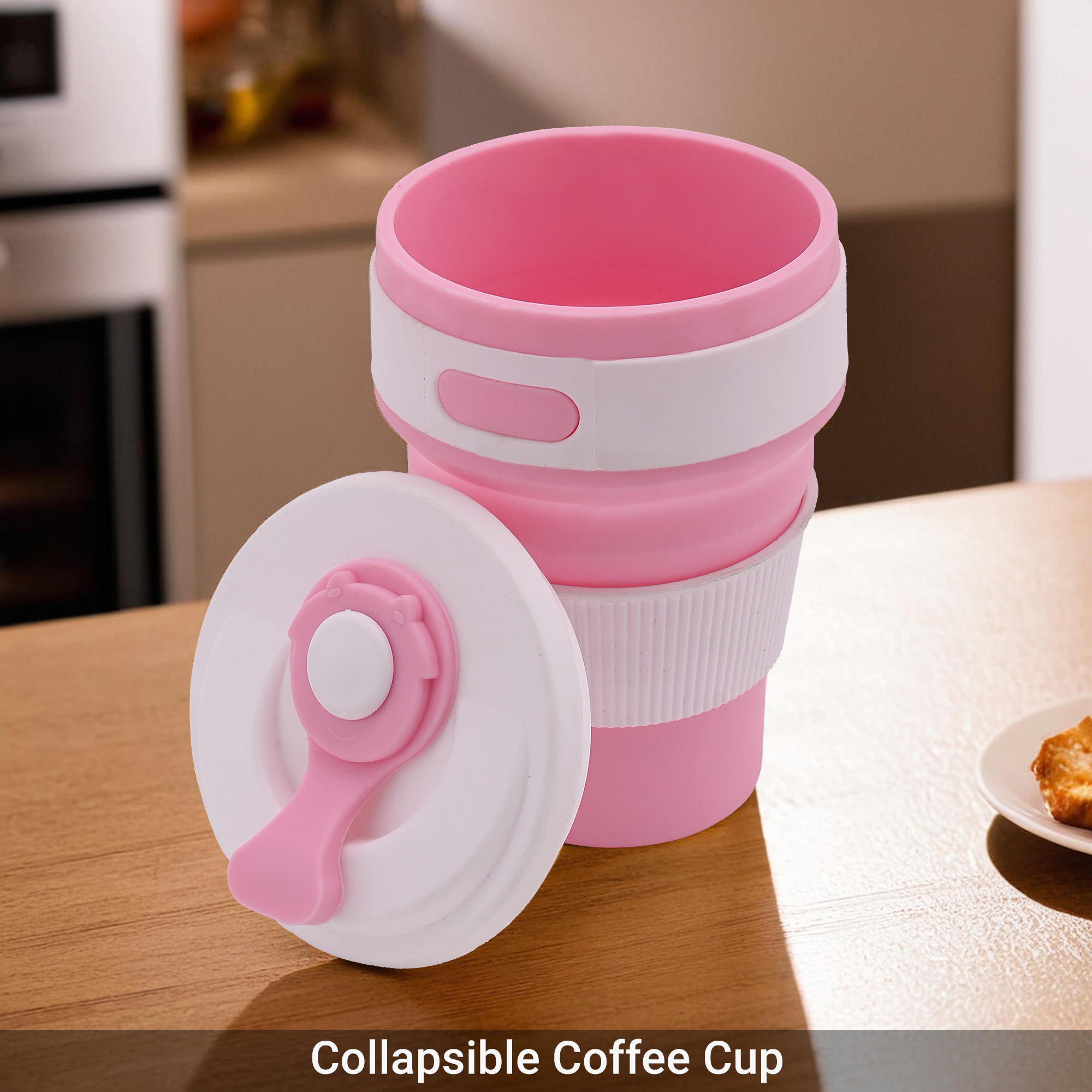 Kuber Industries 350ml Portable Collapsible Coffee Cup with Lid  sipper cover  Leak-Proof Tumbler  Car Cup Holder  Ideal for Milk  Coffee and Farewell Gifts for Friends  White-Pink
