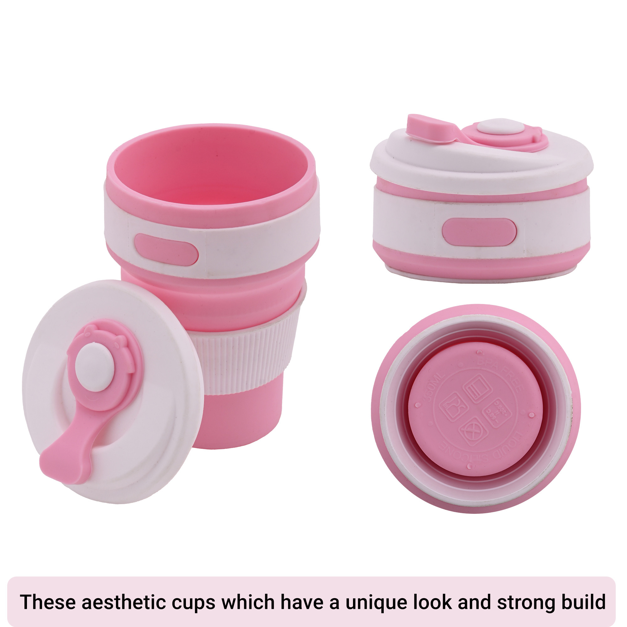 Kuber Industries 350ml Portable Collapsible Coffee Cup with Lid  sipper cover  Leak-Proof Tumbler  Car Cup Holder  Ideal for Milk  Coffee and Farewell Gifts for Friends  White-Pink