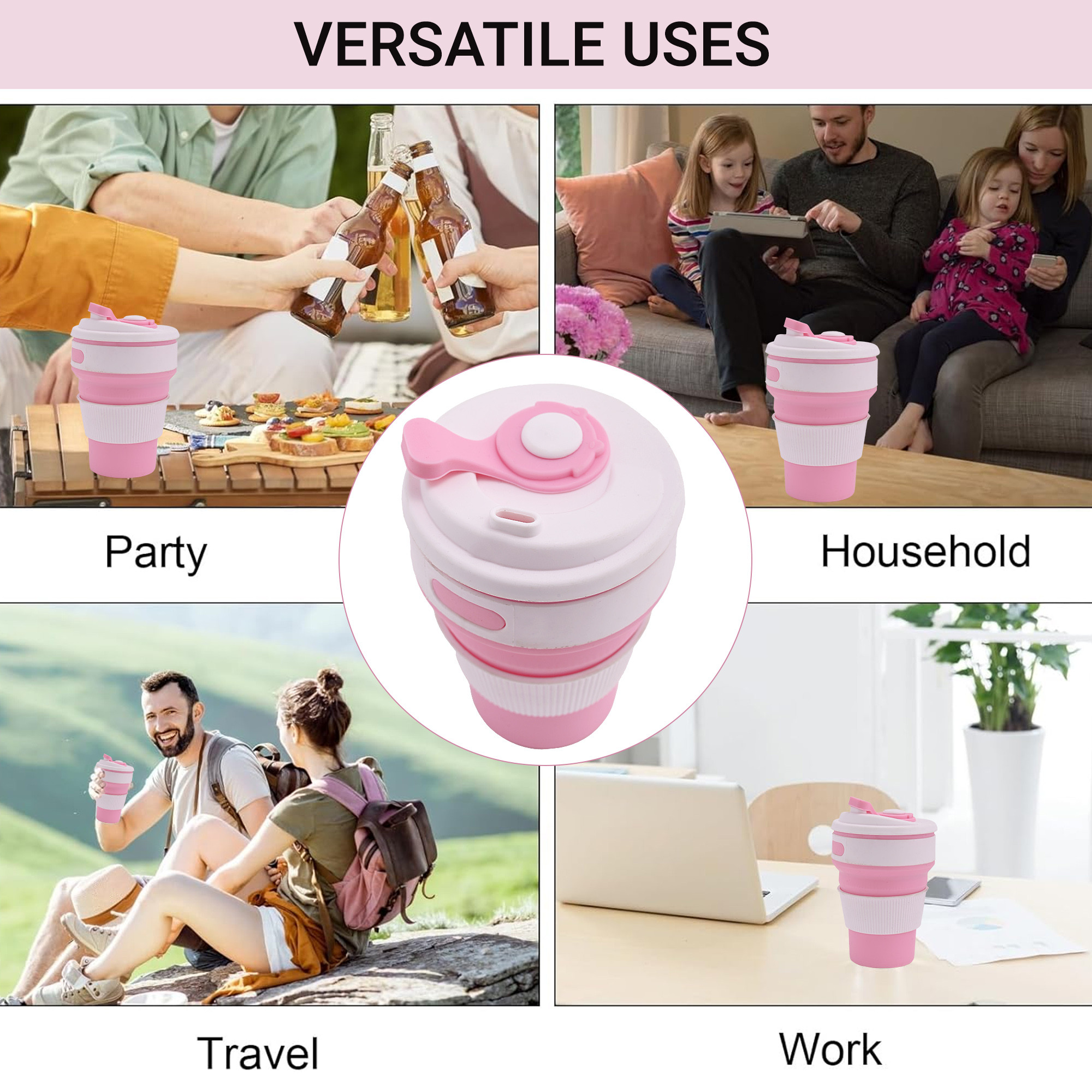 Kuber Industries 350ml Portable Collapsible Coffee Cup with Lid  sipper cover  Leak-Proof Tumbler  Car Cup Holder  Ideal for Milk  Coffee and Farewell Gifts for Friends  White-Pink
