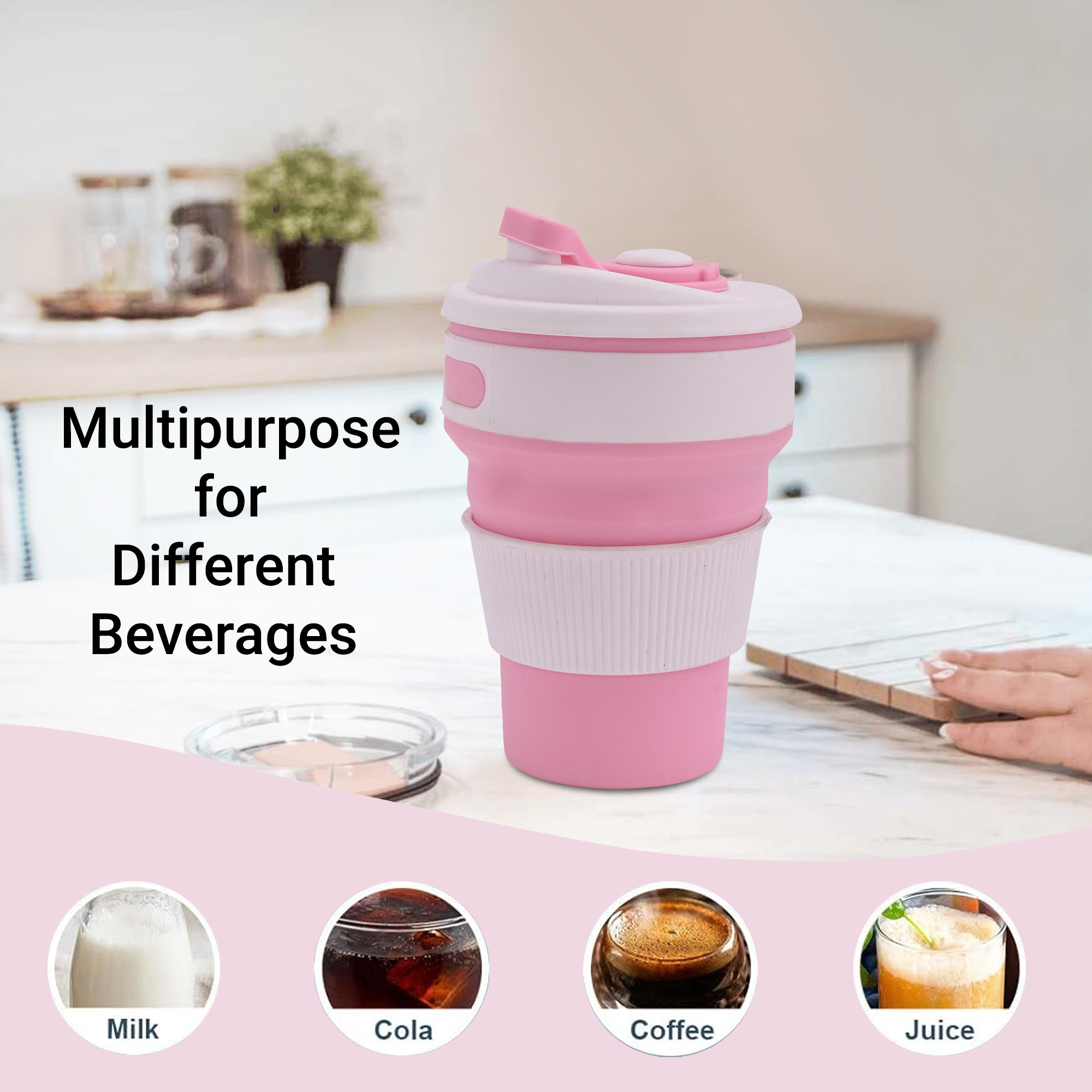 Kuber Industries 350ml Portable Collapsible Coffee Cup with Lid  sipper cover  Leak-Proof Tumbler  Car Cup Holder  Ideal for Milk  Coffee and Farewell Gifts for Friends  White-Pink