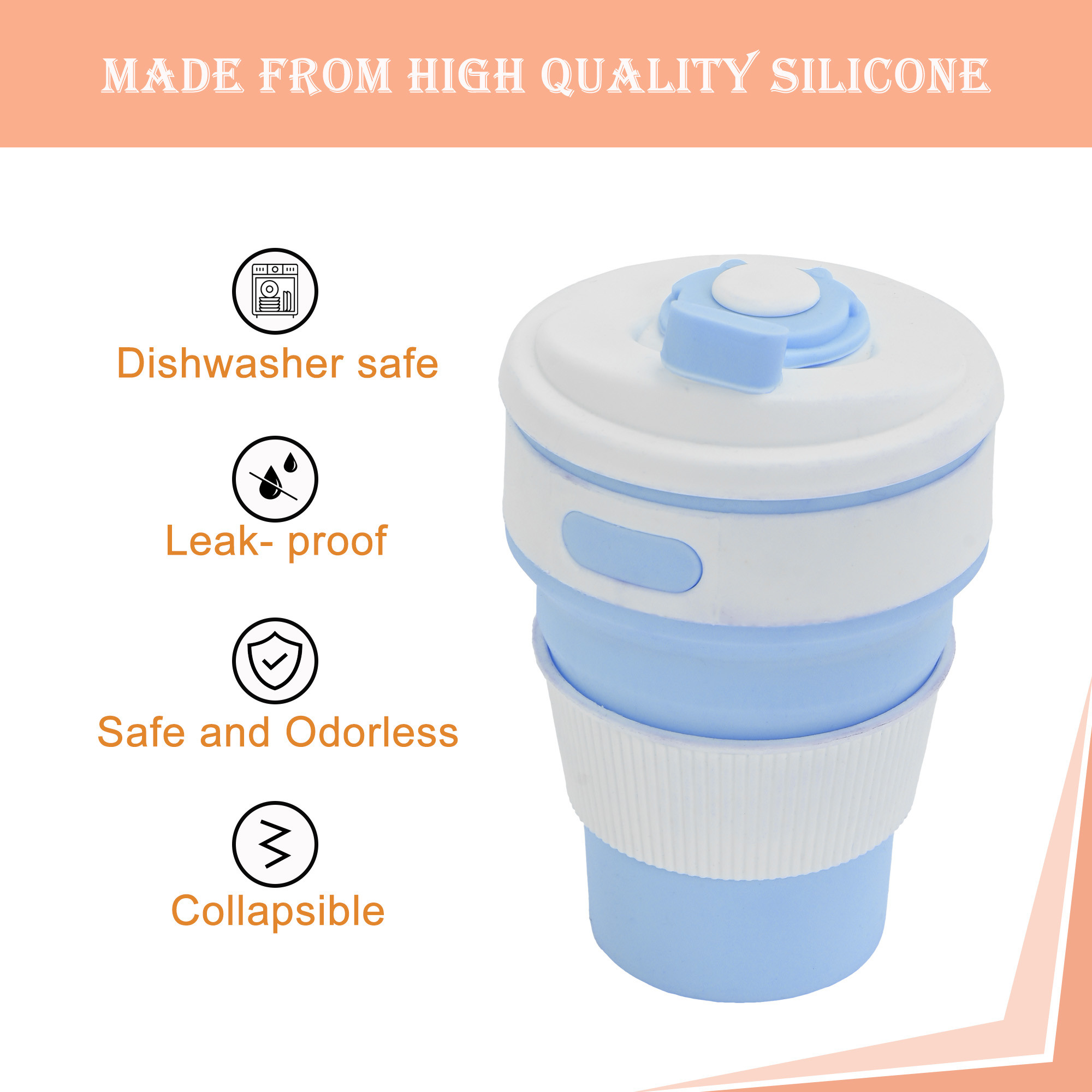 Kuber Industries 350ml Silicone Collapsible Cup With Lid For Coffee  Bpa Free  Expandable Water Glass - Ideal For Travel  Camping  Sky Blue