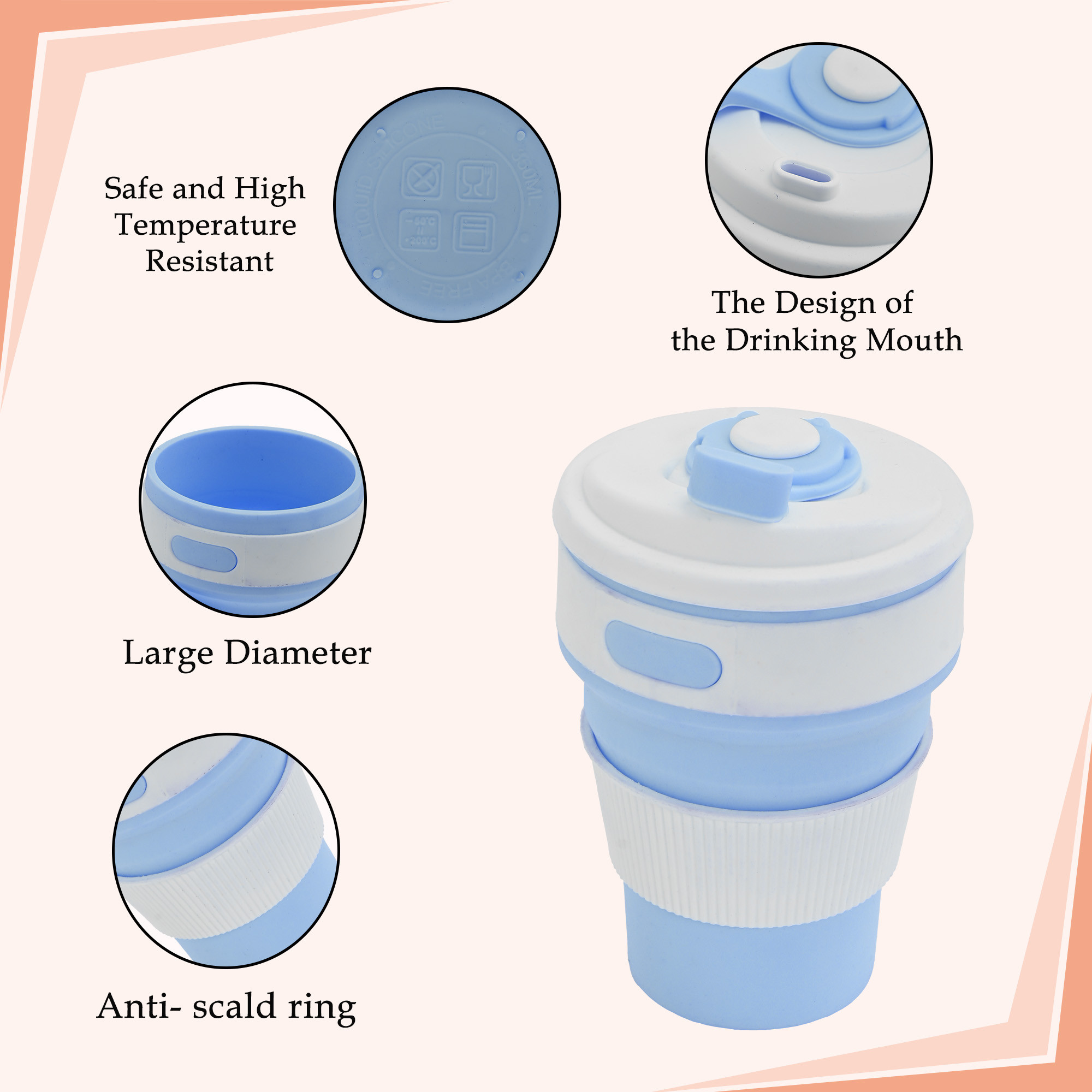 Kuber Industries 350ml Silicone Collapsible Cup With Lid For Coffee  Bpa Free  Expandable Water Glass - Ideal For Travel  Camping  Sky Blue