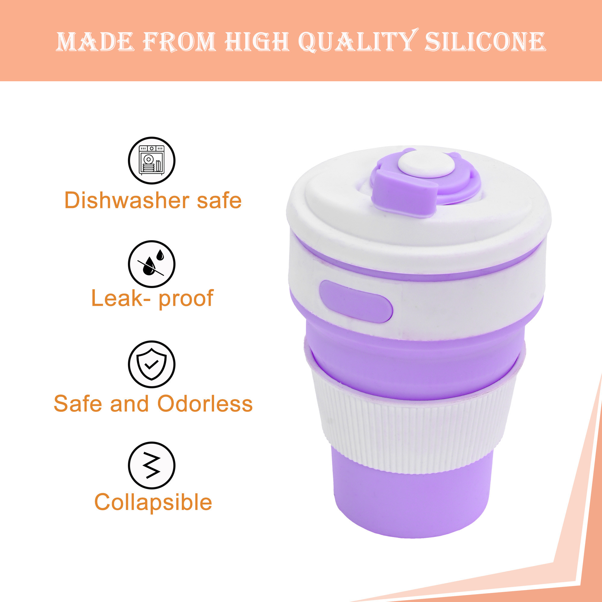 Kuber Industries 350ml Silicone Collapsible Cup With Lid For Coffee  Bpa Free  Expandable Water Glass - Ideal For Travel  Camping  Purple