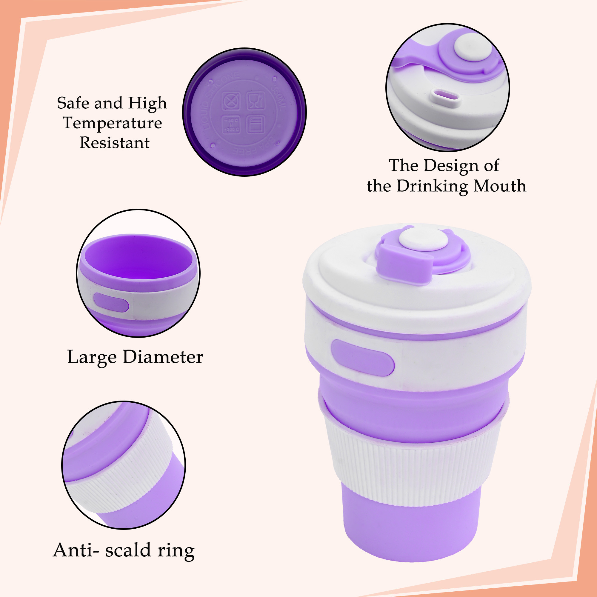 Kuber Industries 350ml Silicone Collapsible Cup With Lid For Coffee  Bpa Free  Expandable Water Glass - Ideal For Travel  Camping  Purple