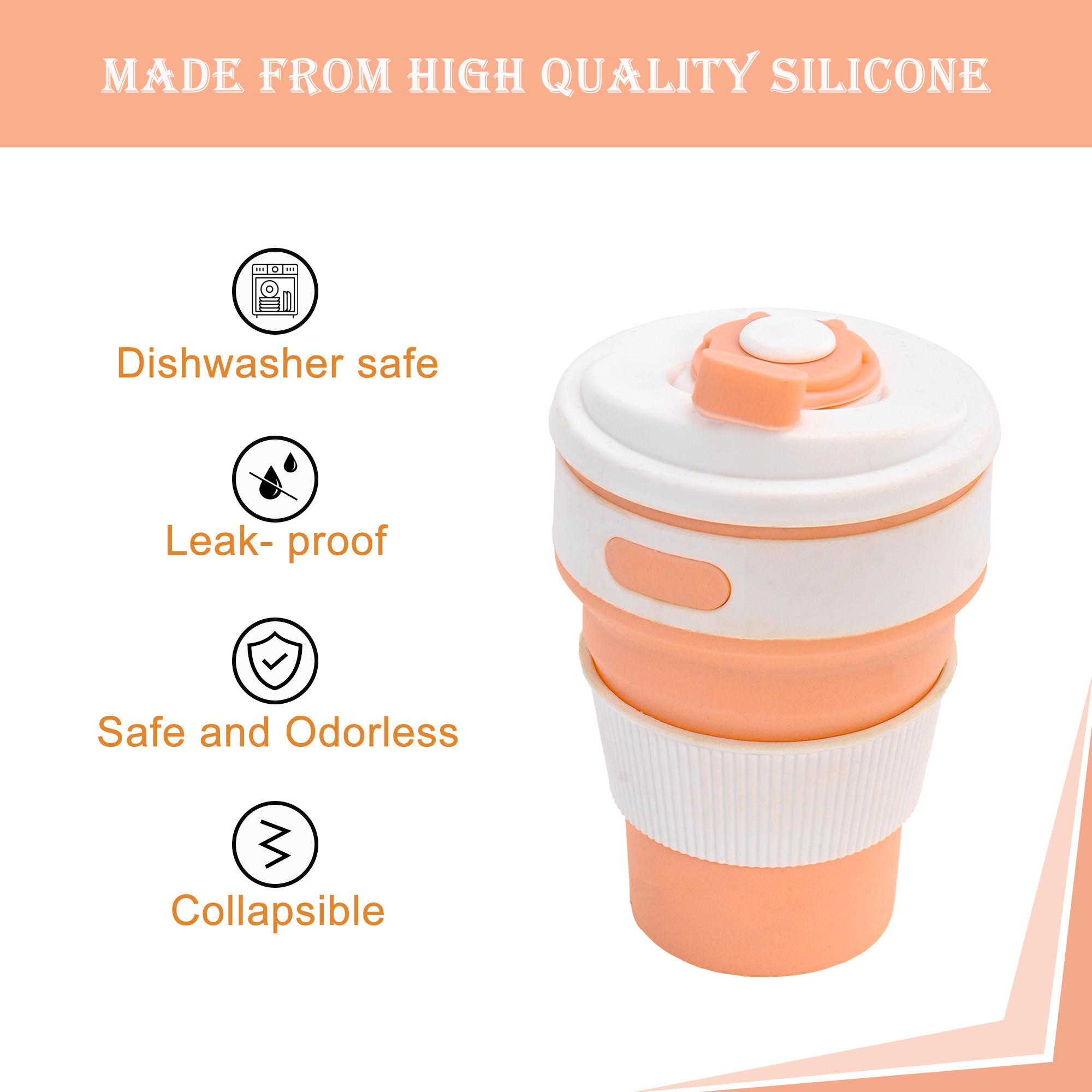 Kuber Industries 350ml Silicone Collapsible Cup With Lid For Coffee  Bpa Free  Expandable Water Glass - Ideal For Travel  Camping  Orange