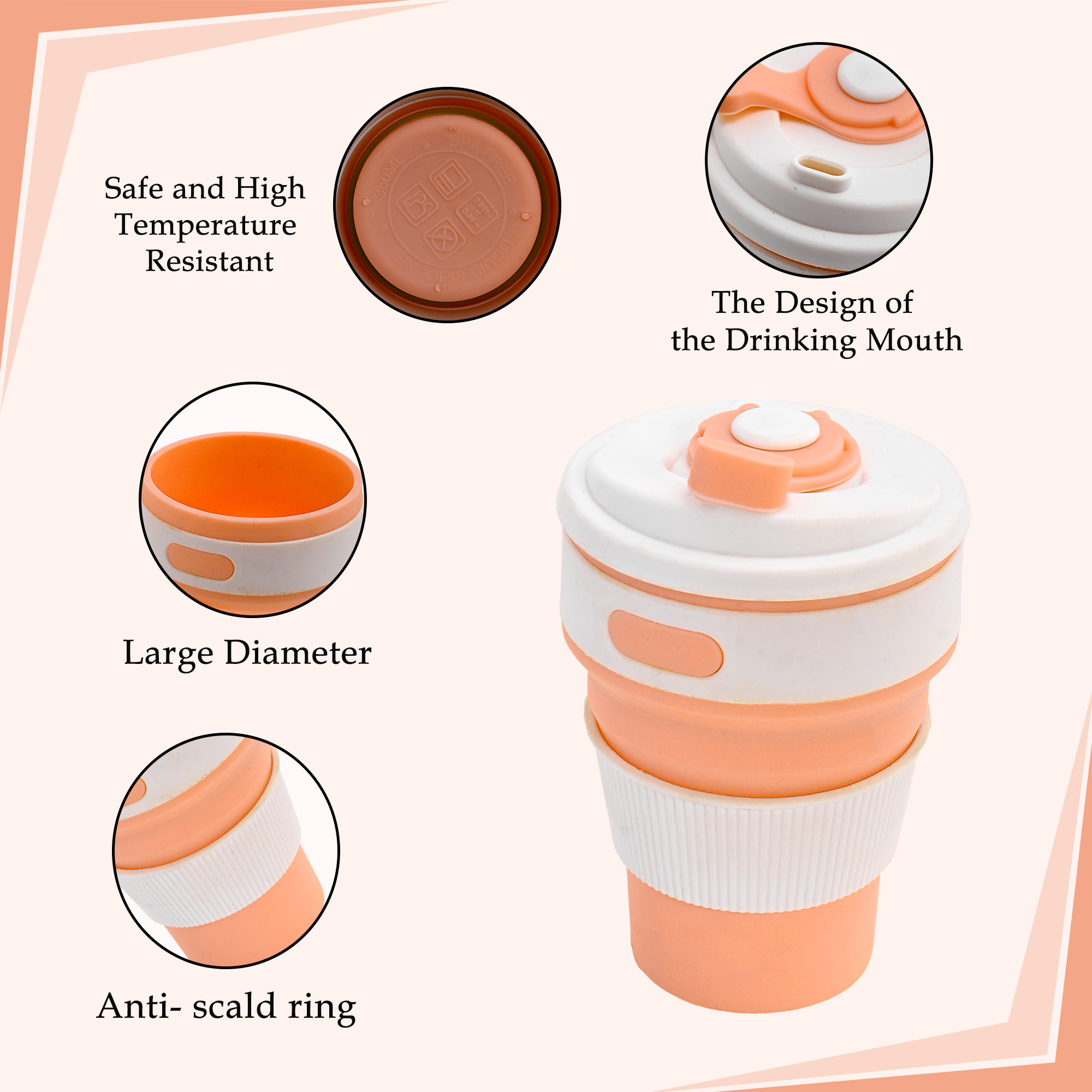 Kuber Industries 350ml Silicone Collapsible Cup With Lid For Coffee  Bpa Free  Expandable Water Glass - Ideal For Travel  Camping  Orange