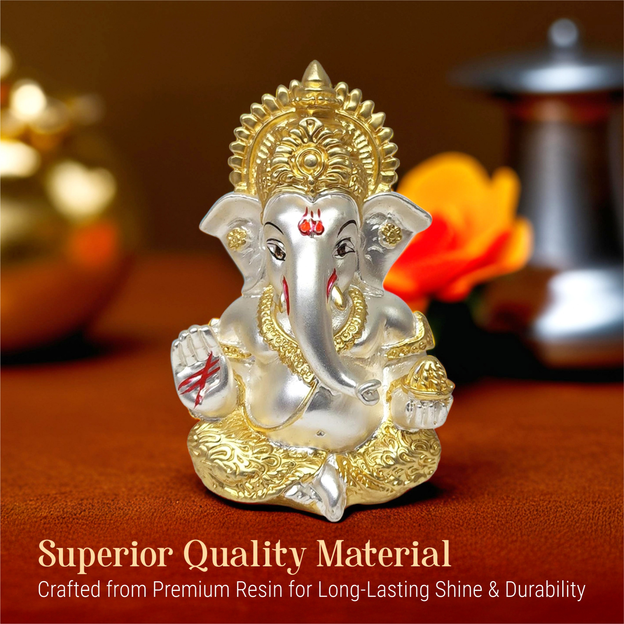 Kuber Industries 35x3 Inch Resin Ganesha Idol for Car Dashboard  Ganpati Idol for Home Decor  Ganpati Murti for Home Mandir and Office Desk  Gold  Silver