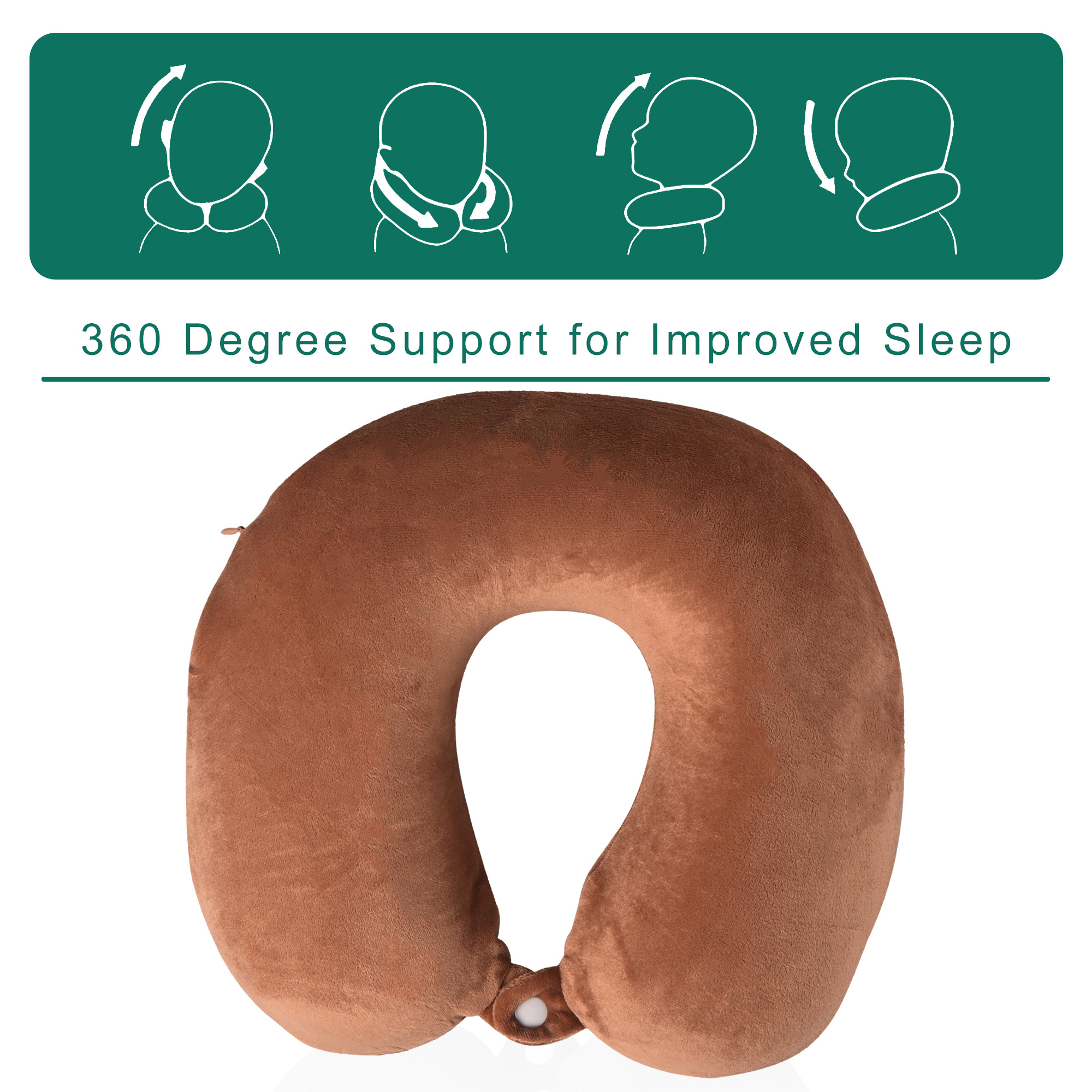 Kuber Industries 360 Memory Foam Neck Pillow for Travelling  Soft and Supportive Neck and Head Rest for Sleeping  Travel Pillow for Flights Train and Long Trips  JR-1-BRN  Brown