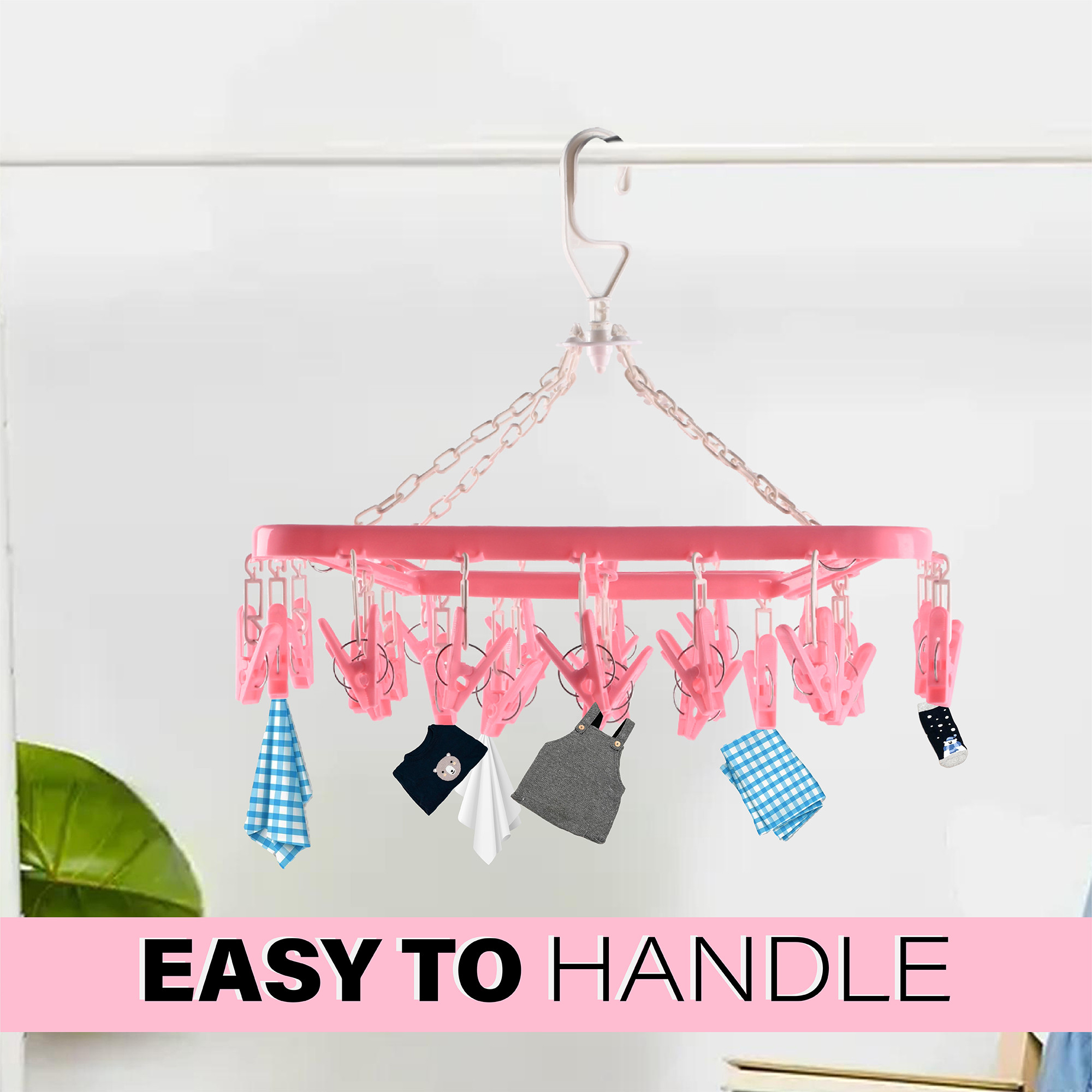 Kuber Industries 360 Rotatable Plastic Hanging Clothes Drying Stand with 32 Clips  Space-Saving  Convenient Clothes Stand for Drying - Ideal for Baby Clothes Socks  Delicates  Pink