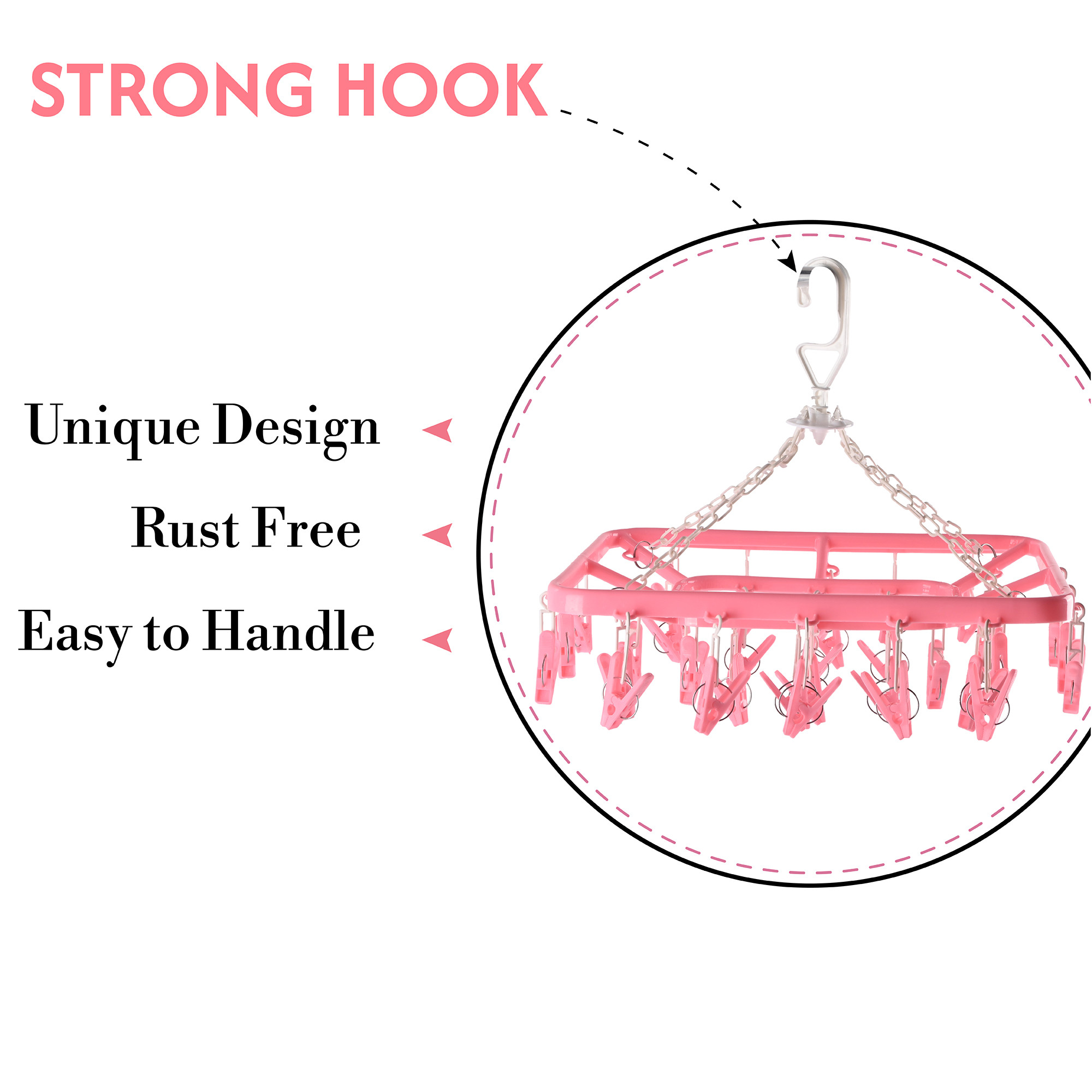 Kuber Industries 360 Rotatable Plastic Hanging Clothes Drying Stand with 32 Clips  Space-Saving  Convenient Clothes Stand for Drying - Ideal for Baby Clothes Socks  Delicates  Pink